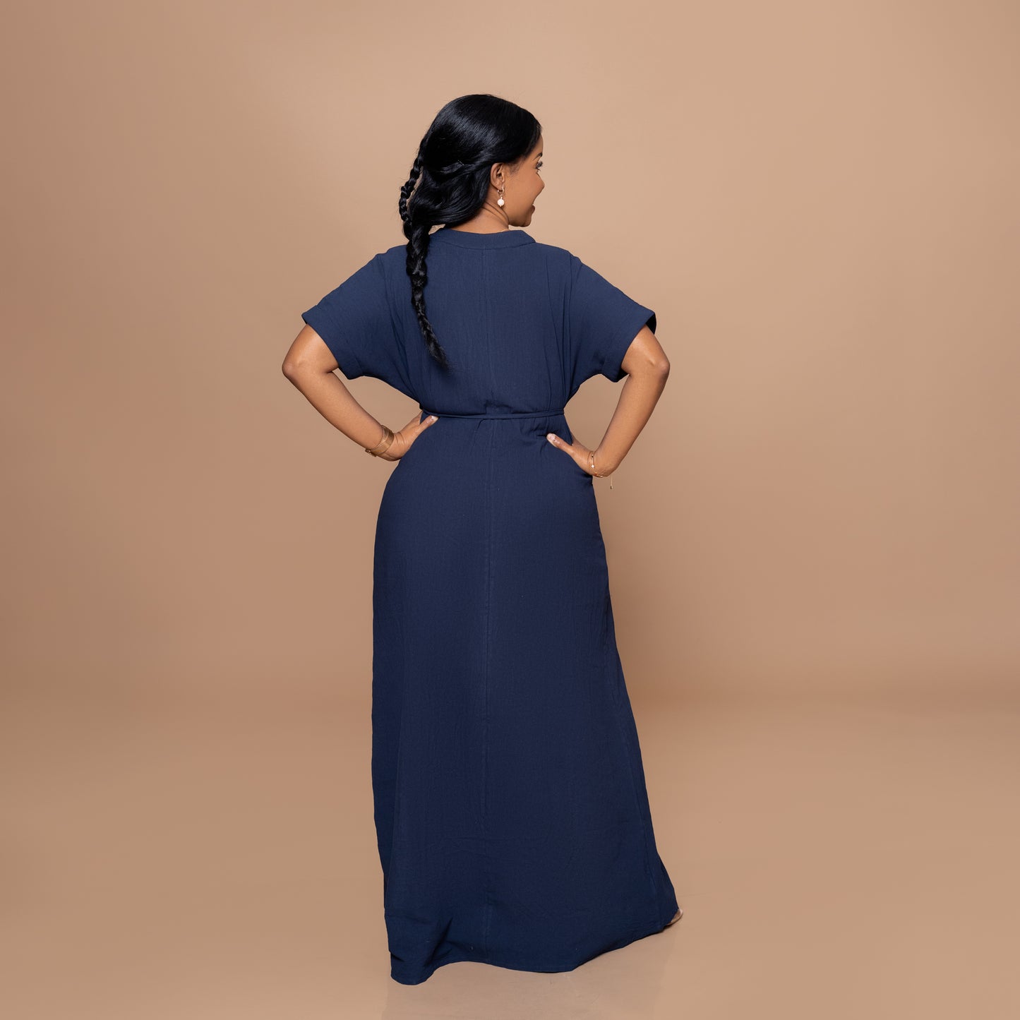 Cotton Maxi Dress with Beaded Tie Belt - Navy Blue