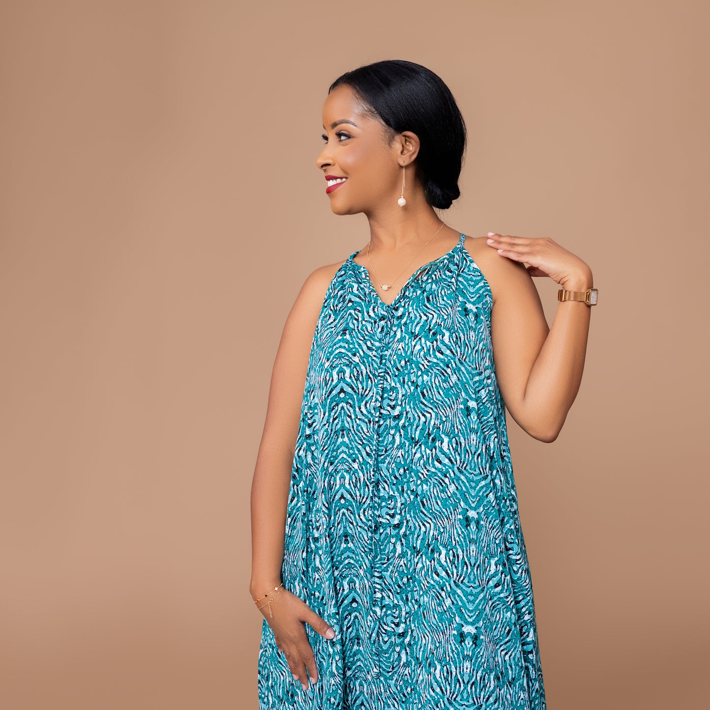 Sleeveless Maxi Dress - Turquoise Abstract Ripple