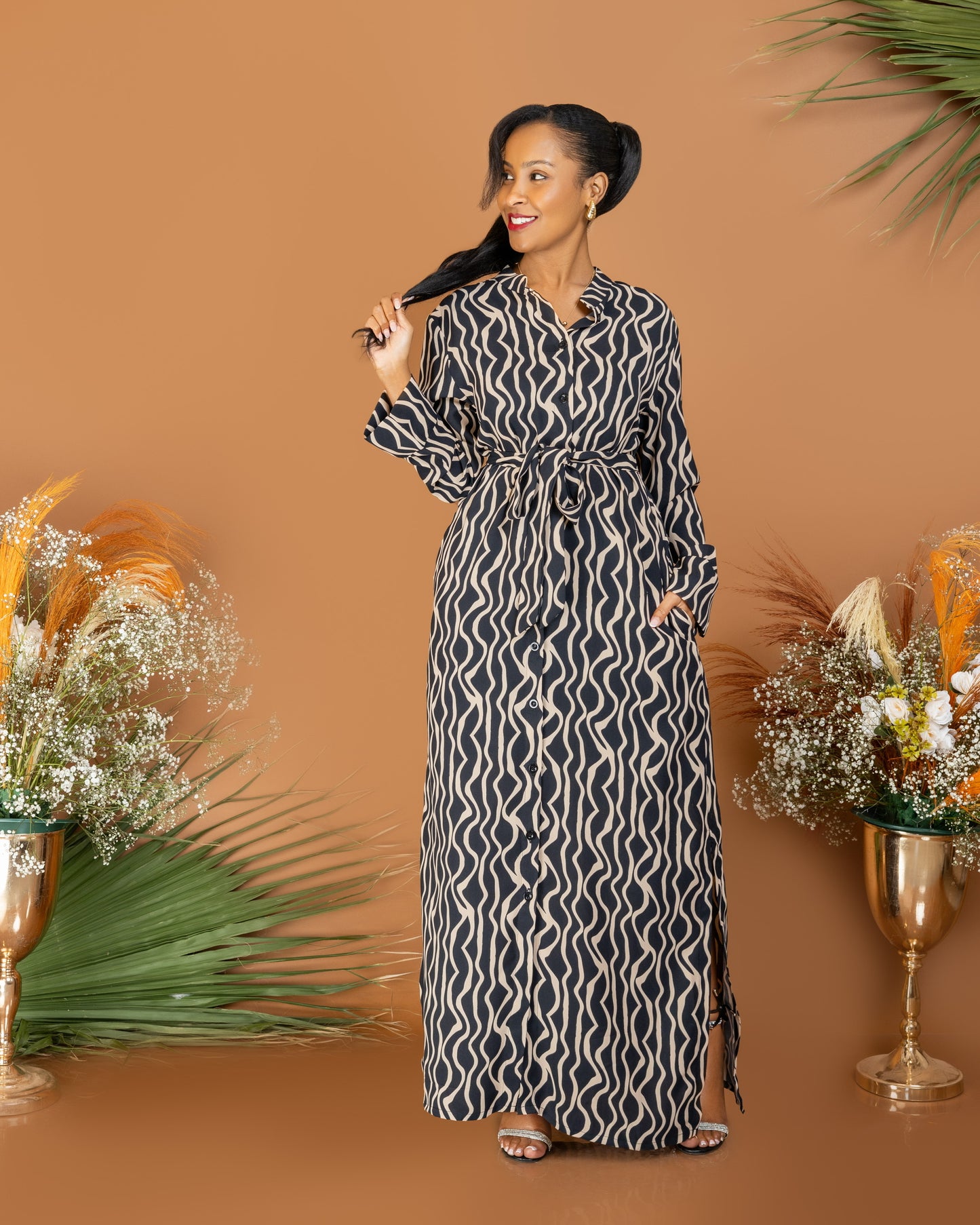 Wavy Stripe Belted Maxi Shirtdress