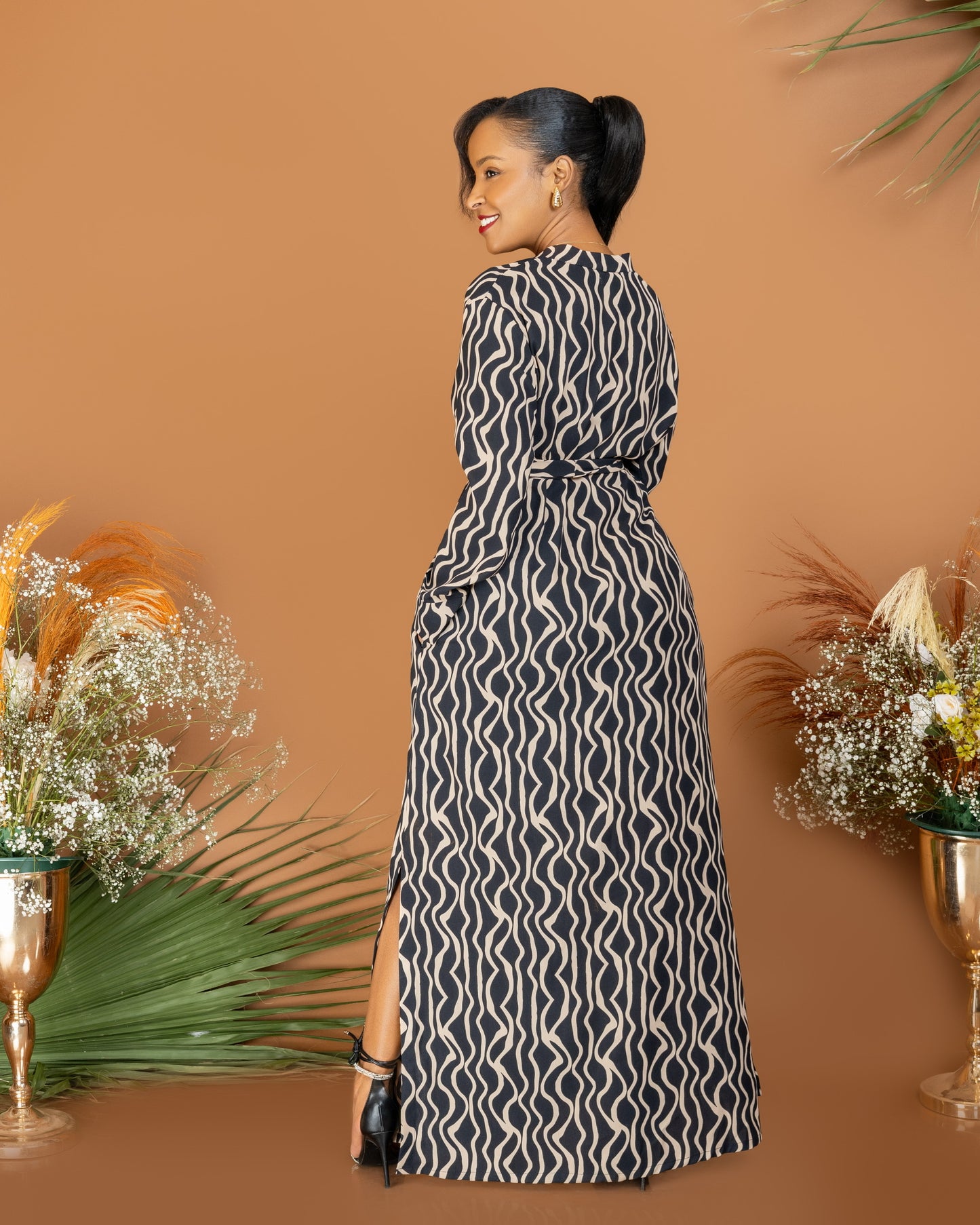 Wavy Stripe Belted Maxi Shirtdress