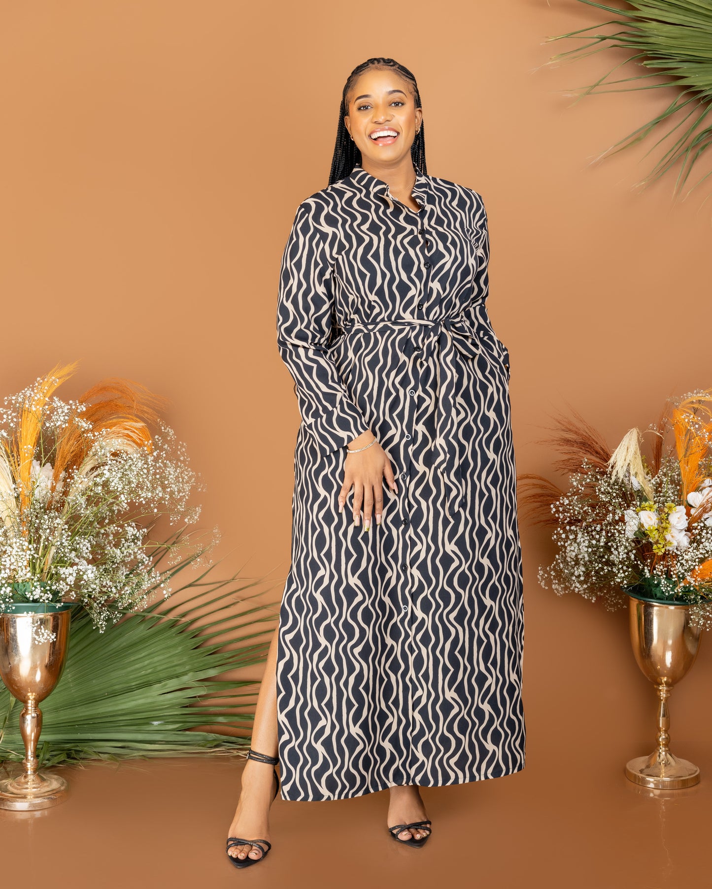 Wavy Stripe Belted Maxi Shirtdress