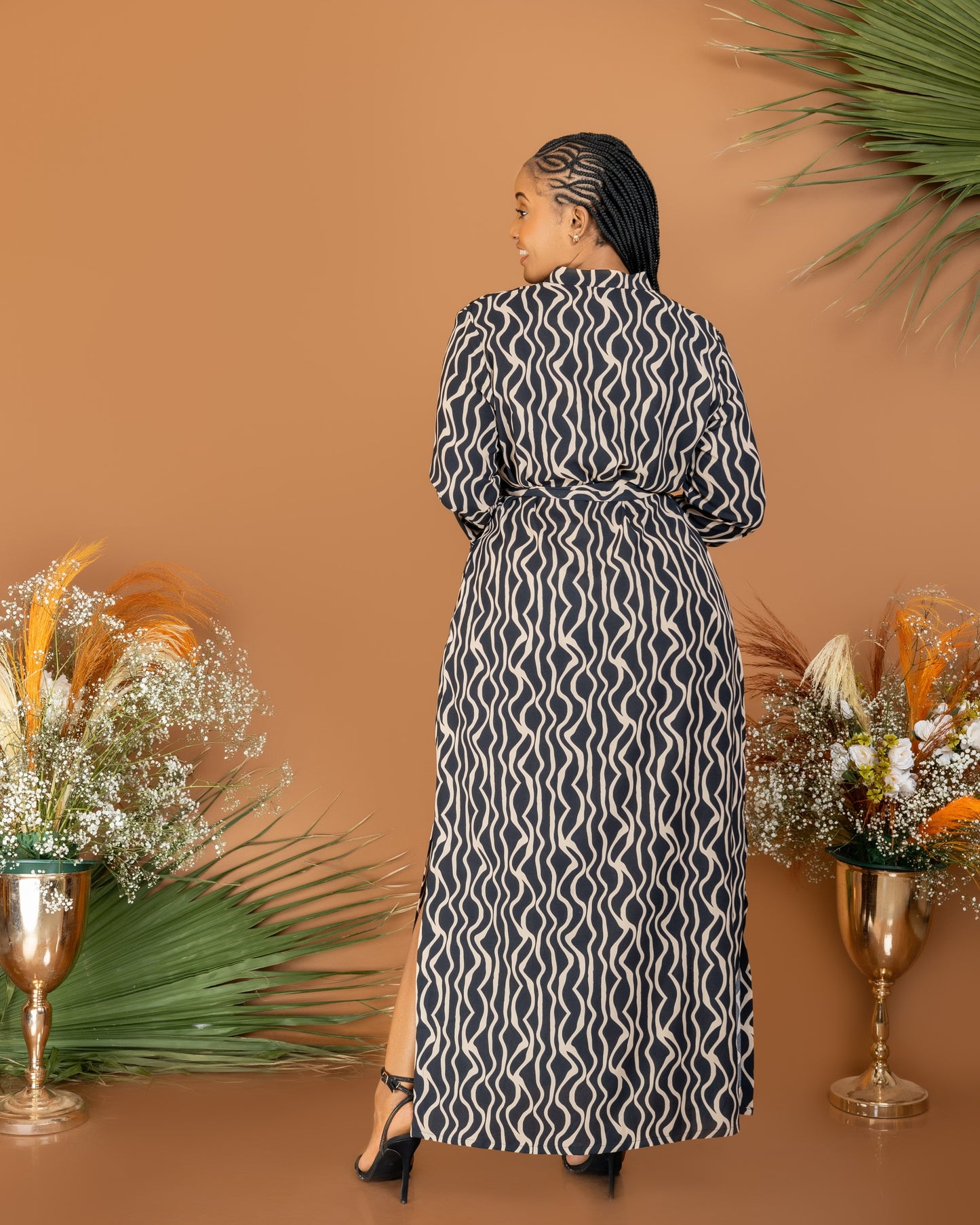 Wavy Stripe Belted Maxi Shirtdress
