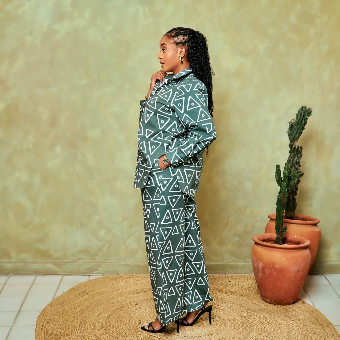Nia Geometric Print Pant Set - Dark Olive Green