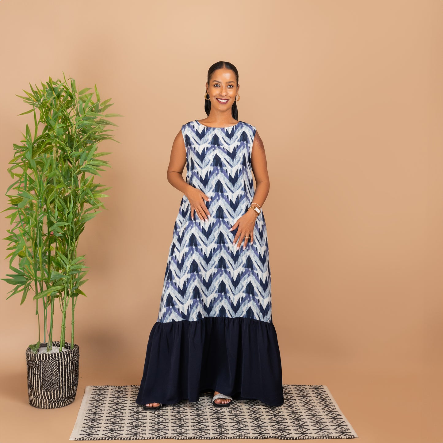 Sleeveless Tiered Maxi Dress - Blue Print