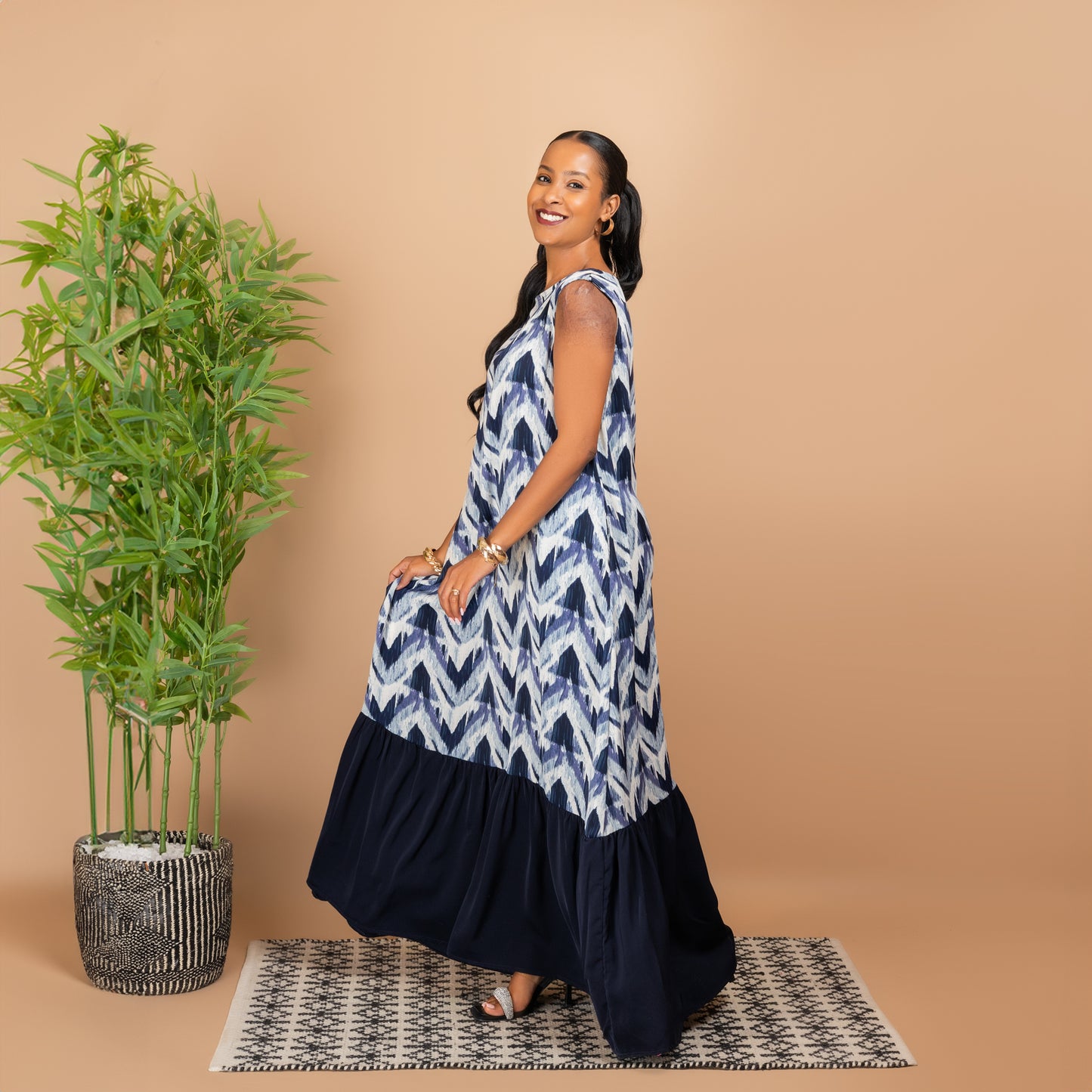 Sleeveless Tiered Maxi Dress - Blue Print