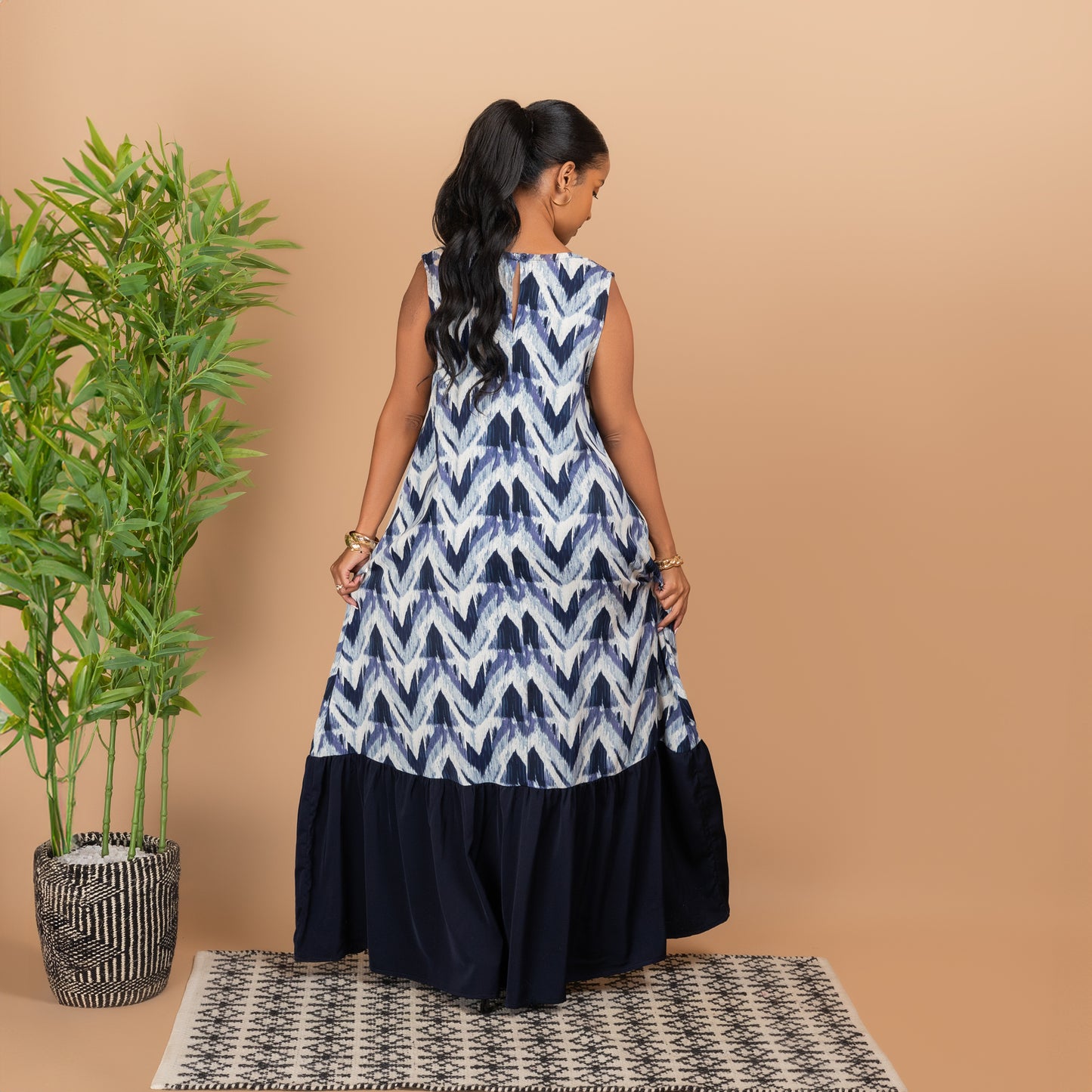 Sleeveless Tiered Maxi Dress - Blue Print