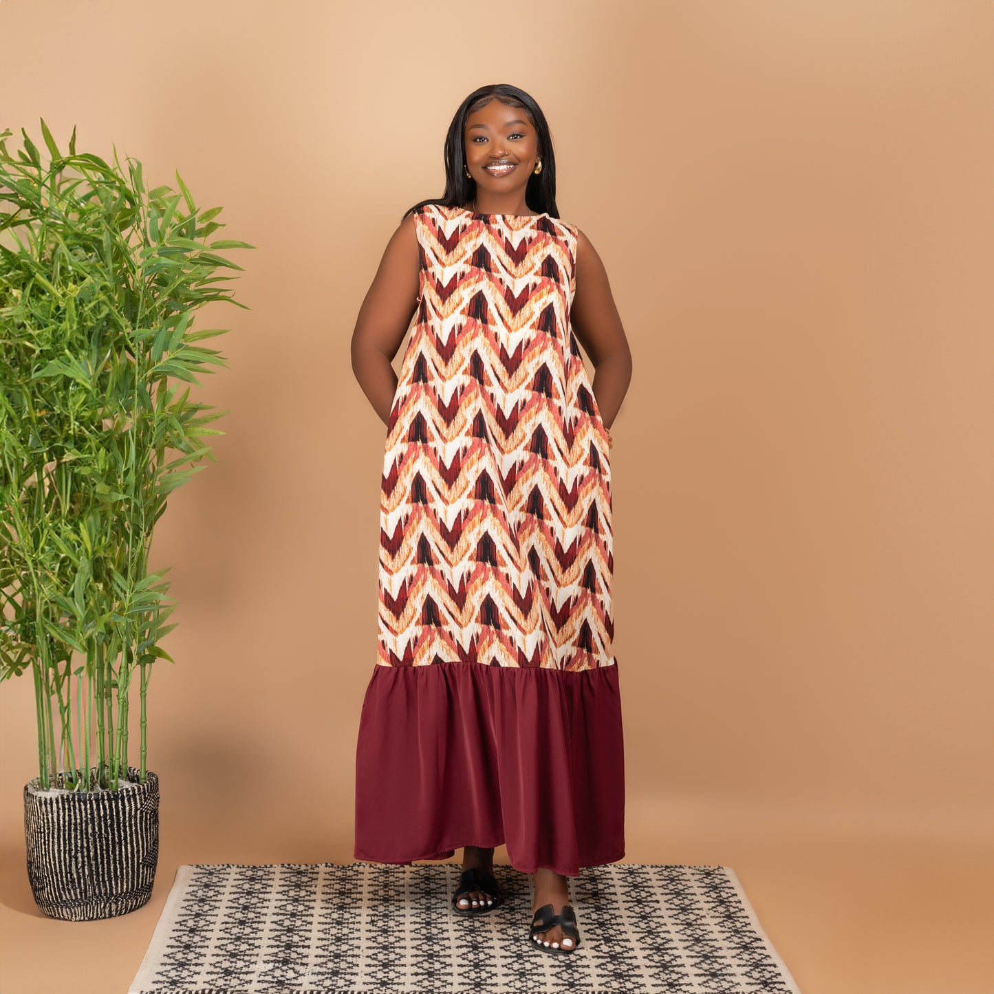 Sleeveless Tiered Maxi Dress - Maroon Print