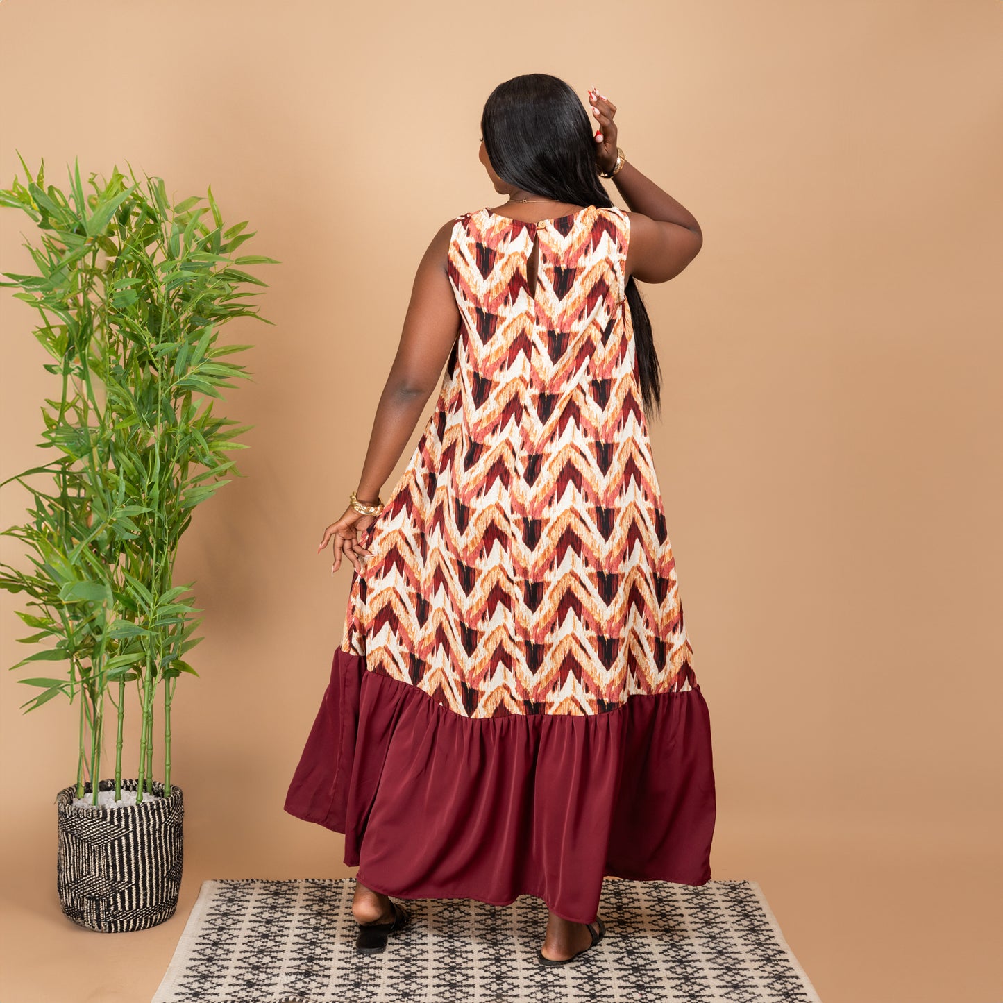 Sleeveless Tiered Maxi Dress - Maroon Print
