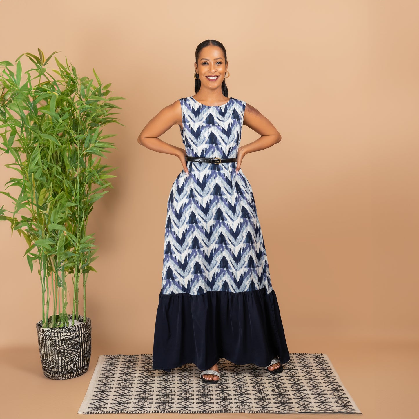Sleeveless Tiered Maxi Dress - Blue Print