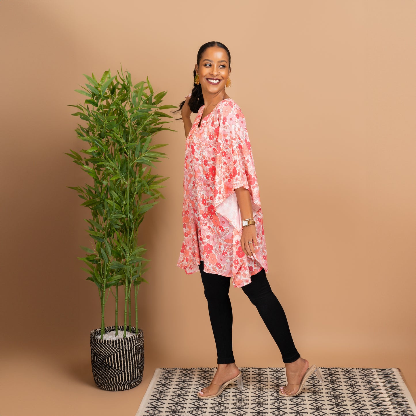 Floral V Neck Kimono Style Blouse - Pink