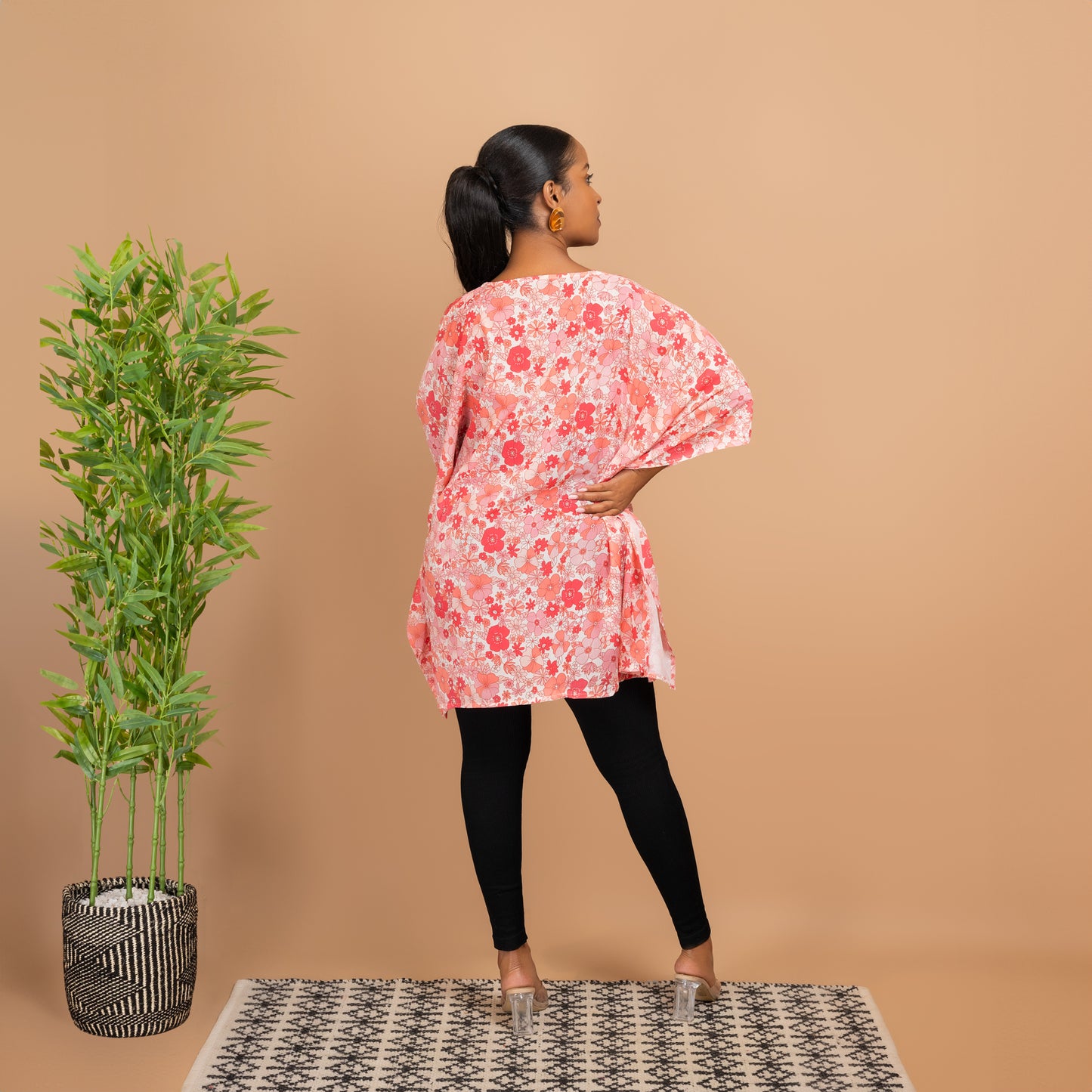 Floral V Neck Kimono Style Blouse - Pink