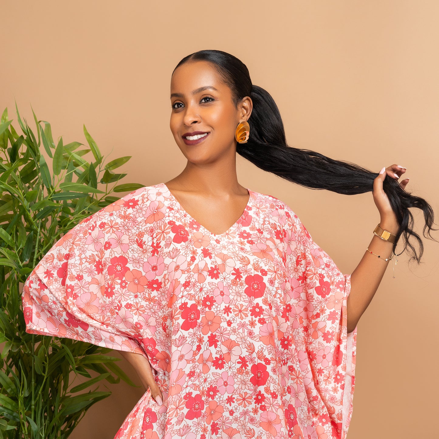 Floral V Neck Kimono Style Blouse - Pink