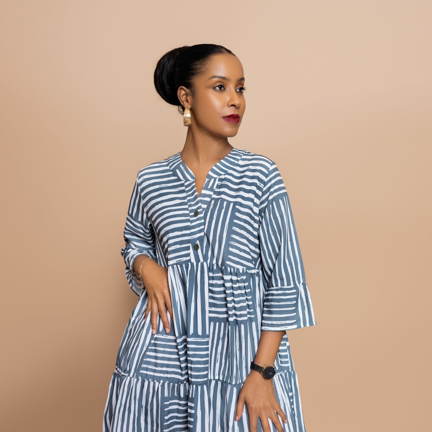 Nia 3/4 Sleeve Tiered Dress - Cool Sage Mixed Stripe