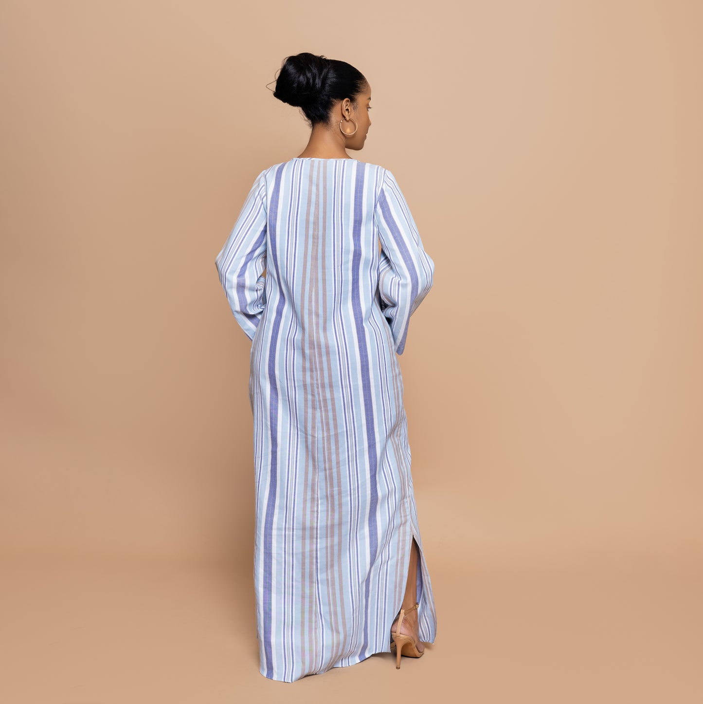 Kaftan-inspired Maxi with Kangaroo Pocket - Powder Blue Stripe