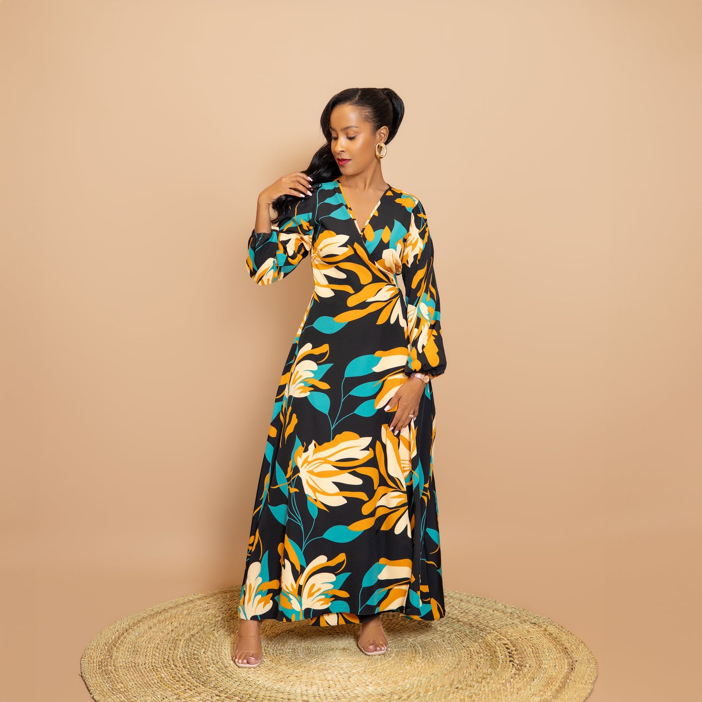 Maxi Wrap Dress - Black/Teal Floral