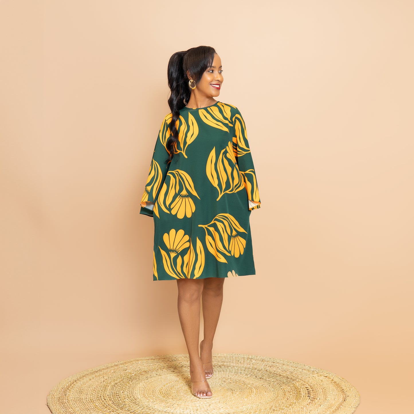 Trumpet Sleeve Botanical Print Dress - Green/Mustard