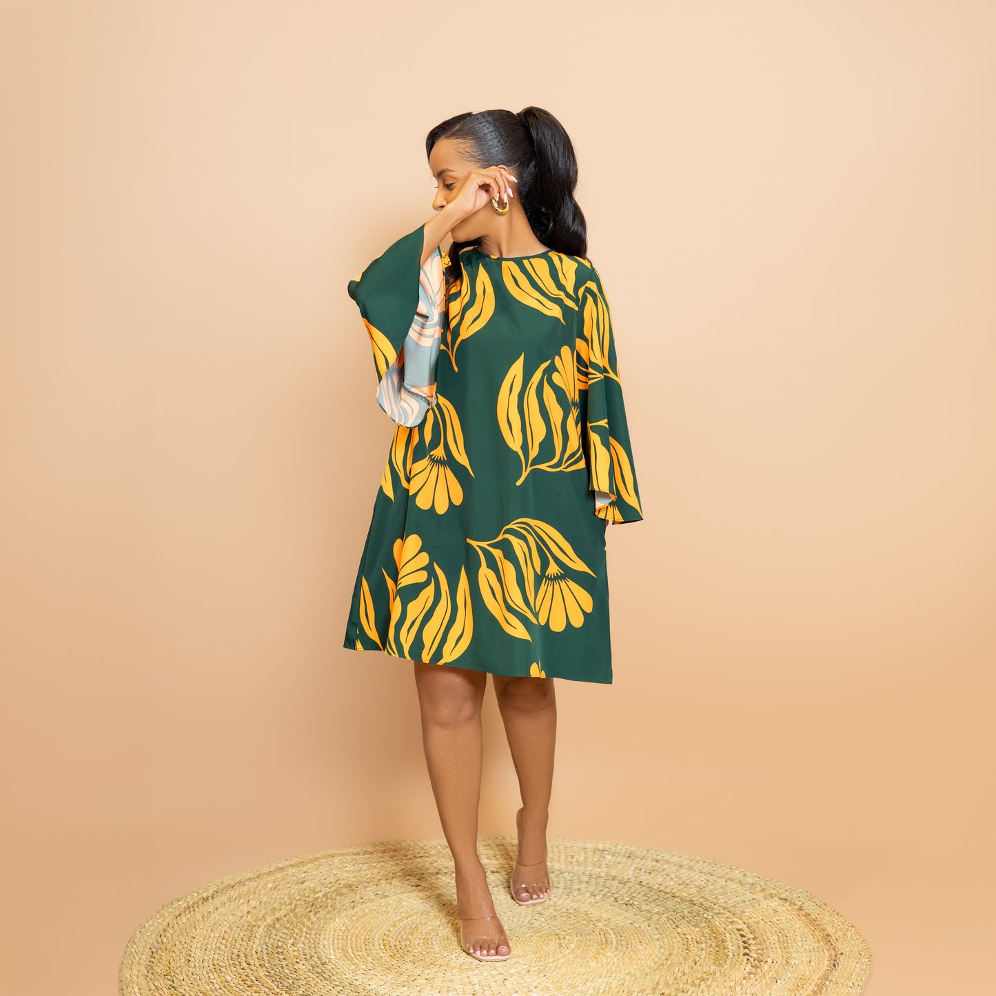 Trumpet Sleeve Botanical Print Dress - Green/Mustard