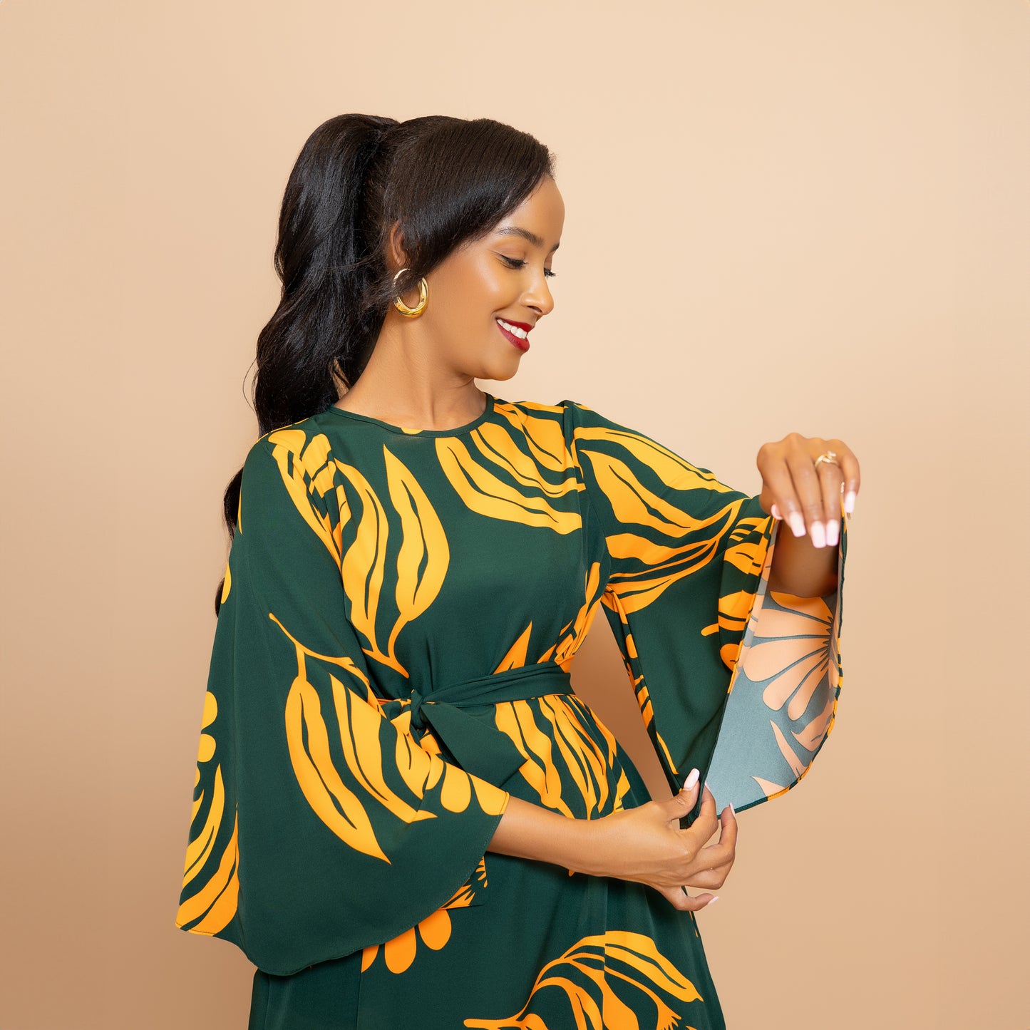 Trumpet Sleeve Botanical Print Dress - Green/Mustard