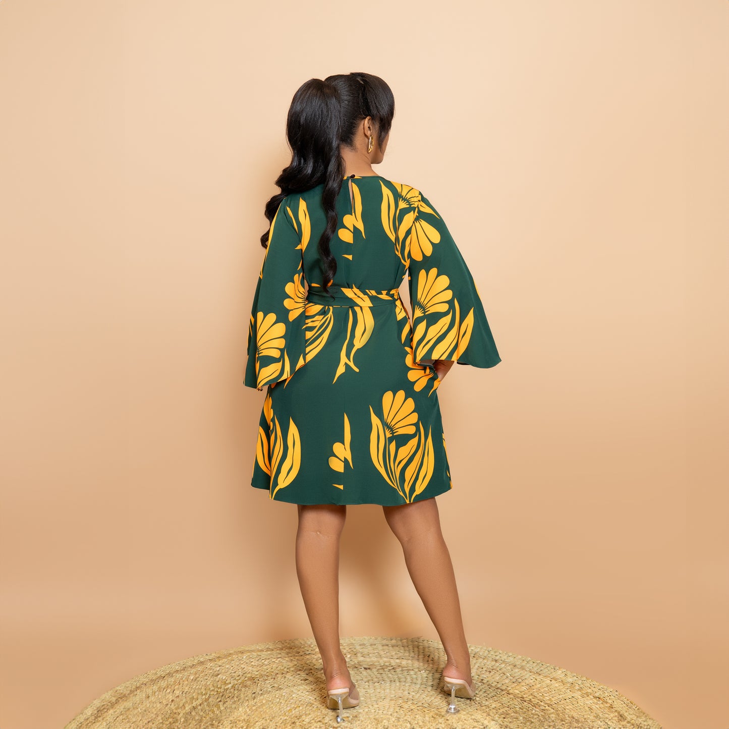 Trumpet Sleeve Botanical Print Dress - Green/Mustard