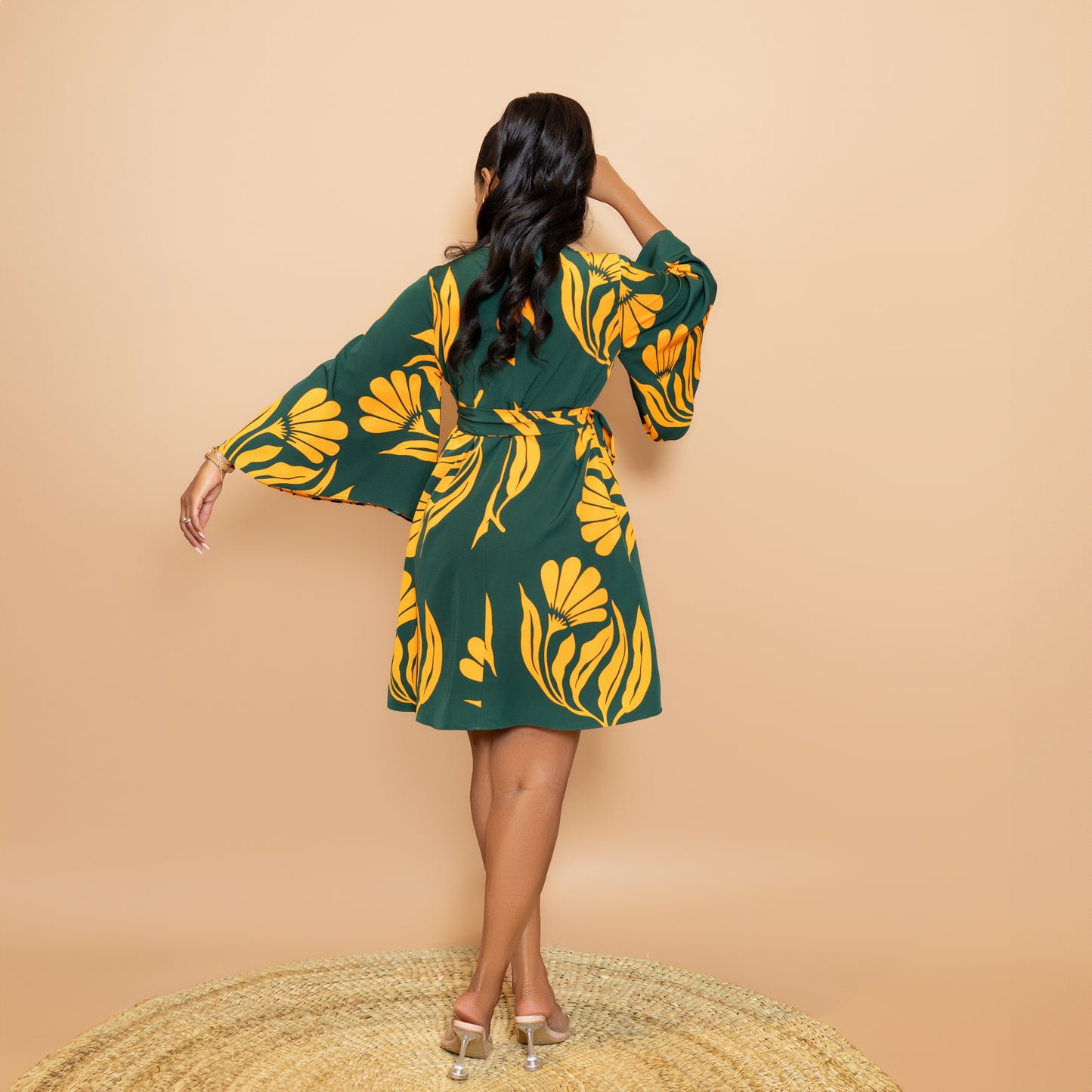 Trumpet Sleeve Botanical Print Dress - Green/Mustard