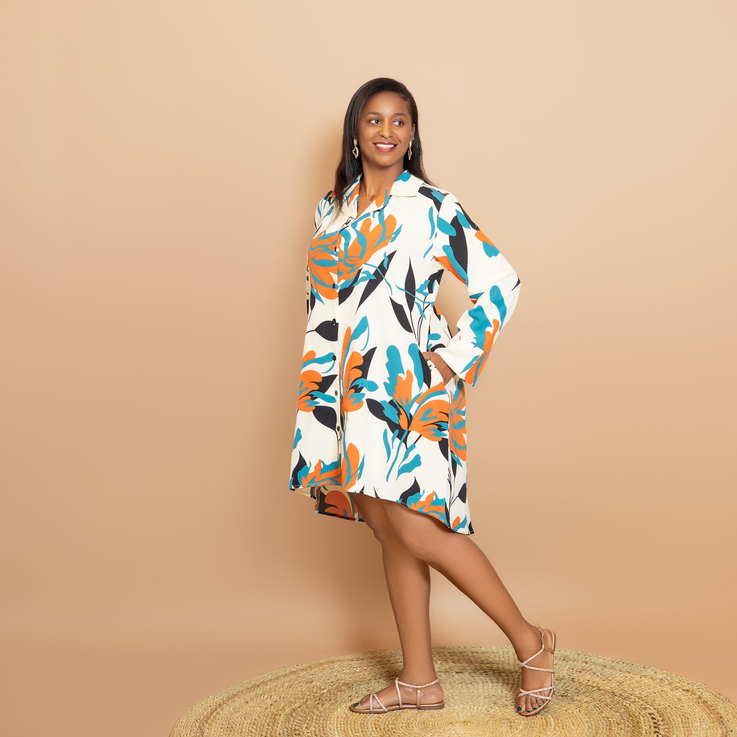 Long Sleeve High Low Shirtdress - Teal Floral