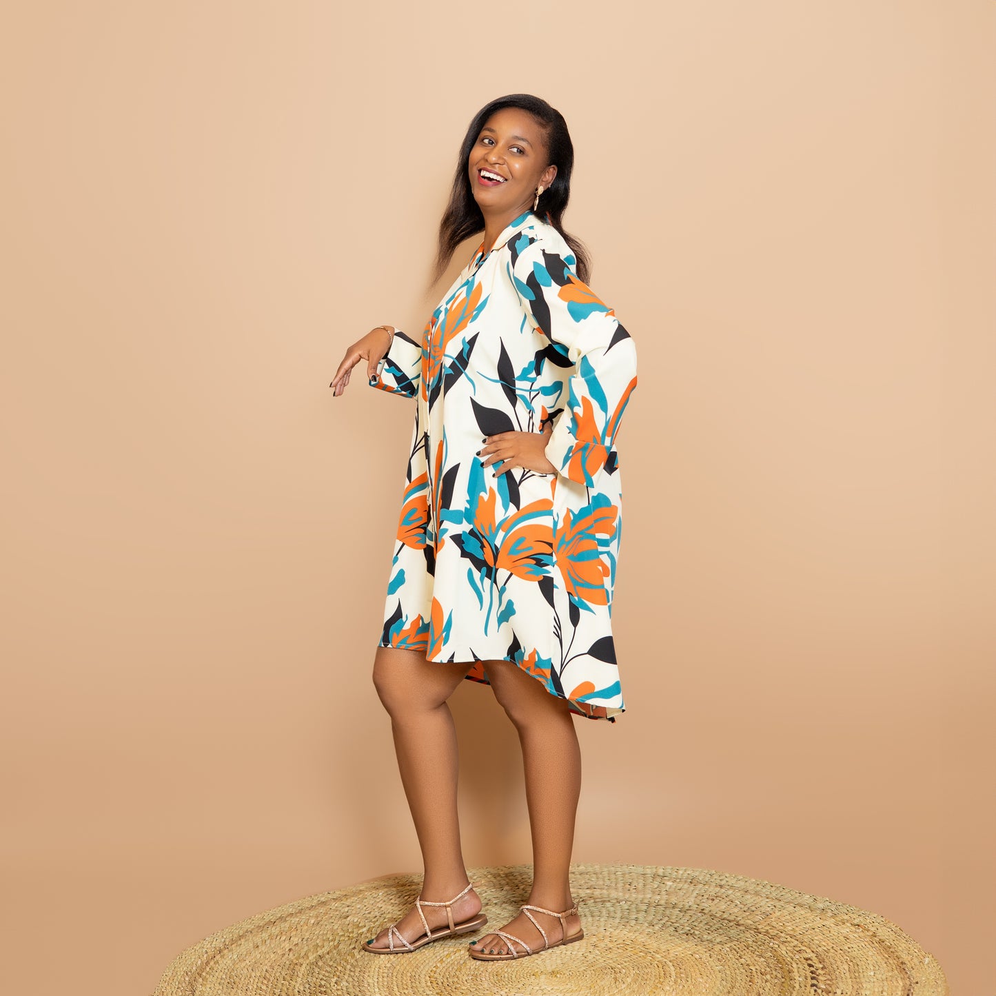 Long Sleeve High Low Shirtdress - Teal Floral