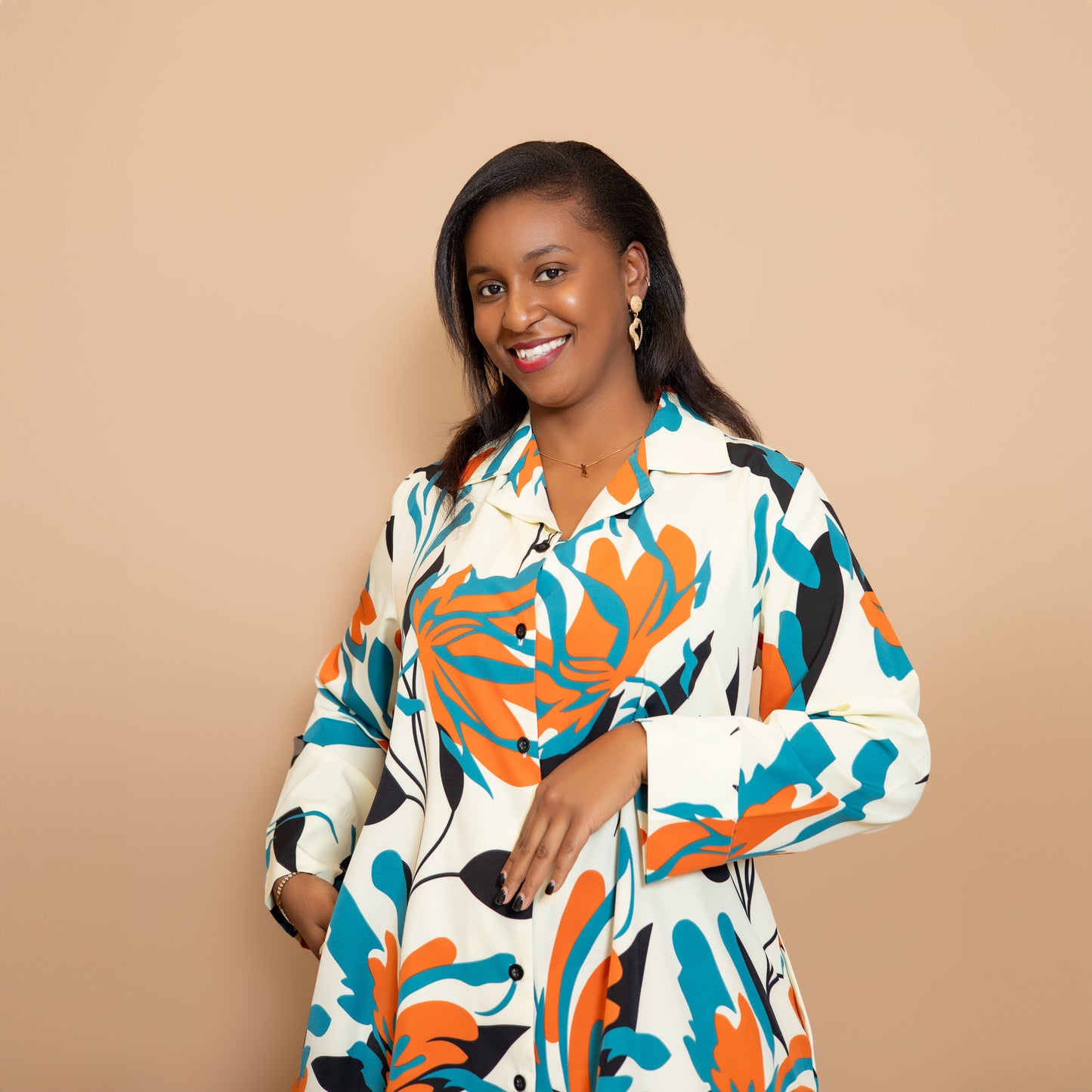 Long Sleeve High Low Shirtdress - Teal Floral