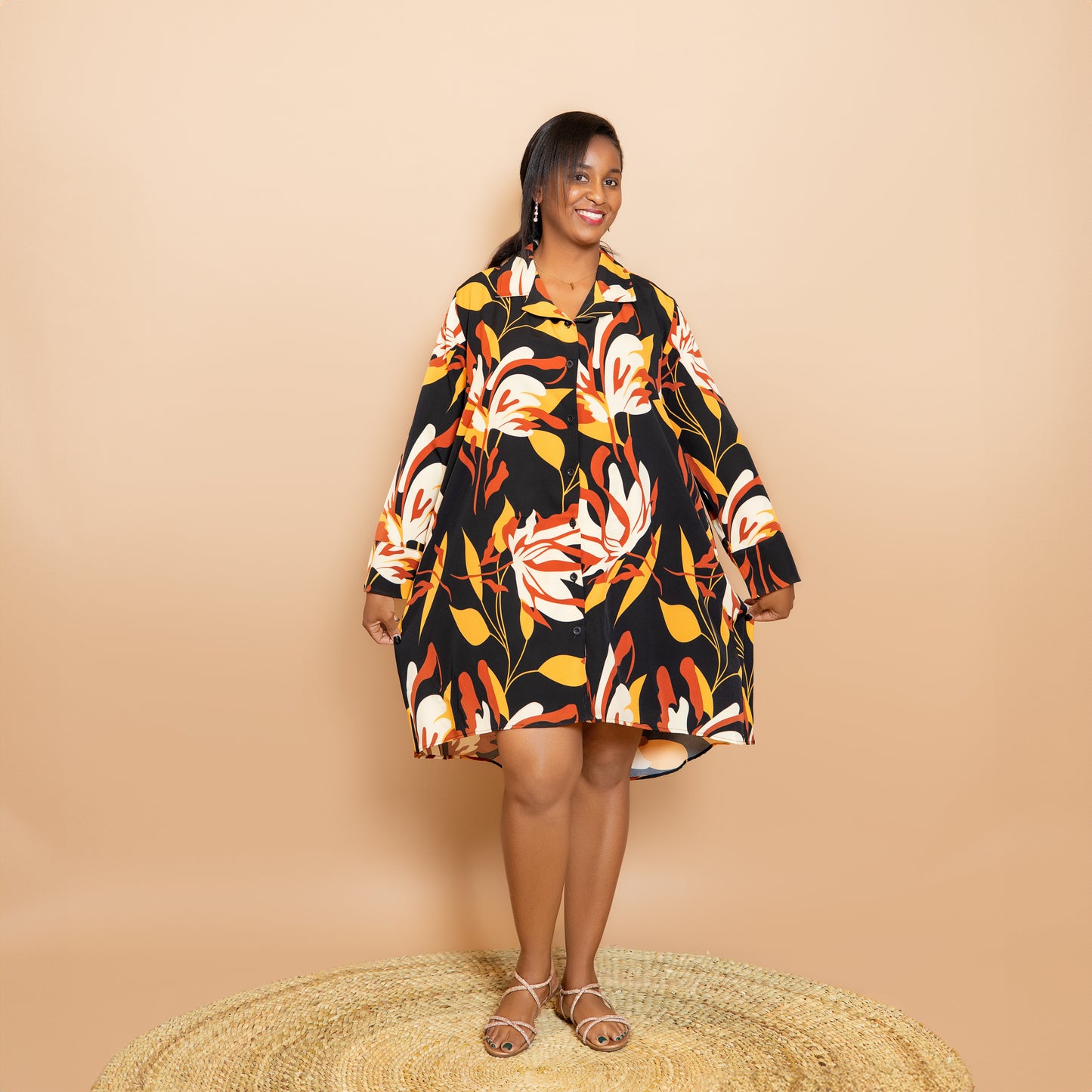 Long Sleeve High Low Shirtdress - Rust Floral