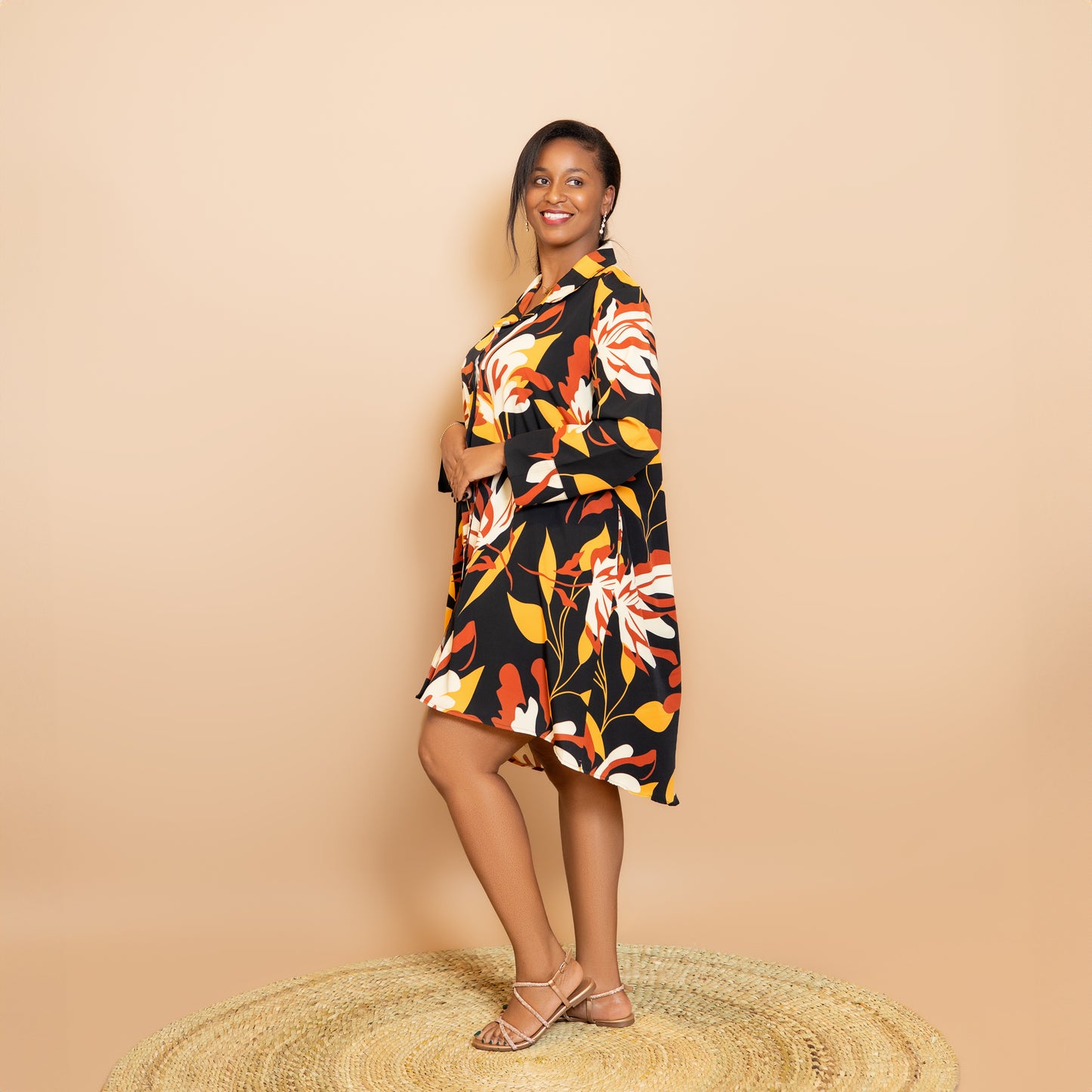 Long Sleeve High Low Shirtdress - Rust Floral