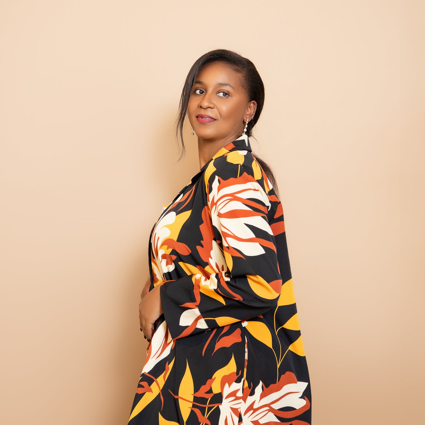 Long Sleeve High Low Shirtdress - Rust Floral