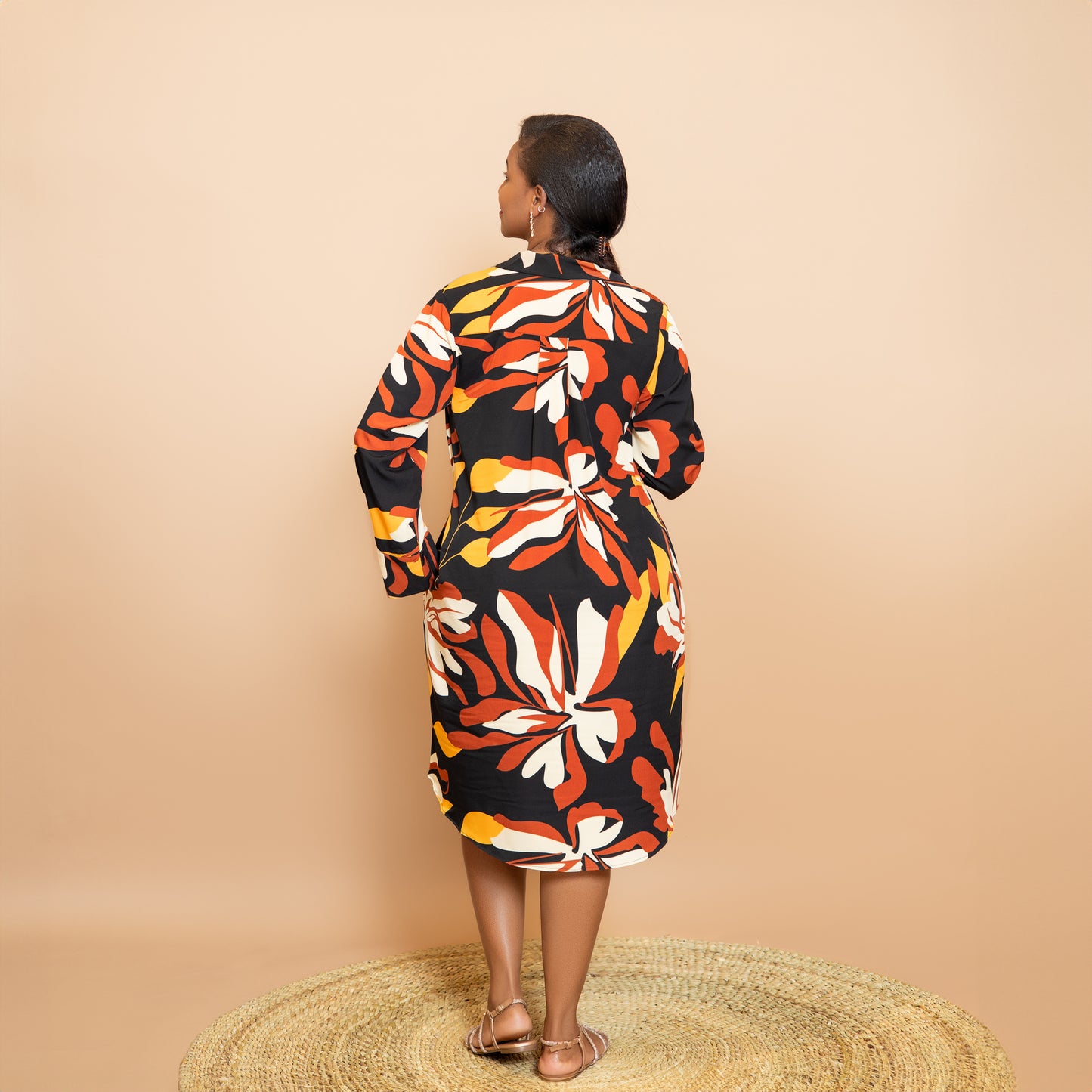 Long Sleeve High Low Shirtdress - Rust Floral