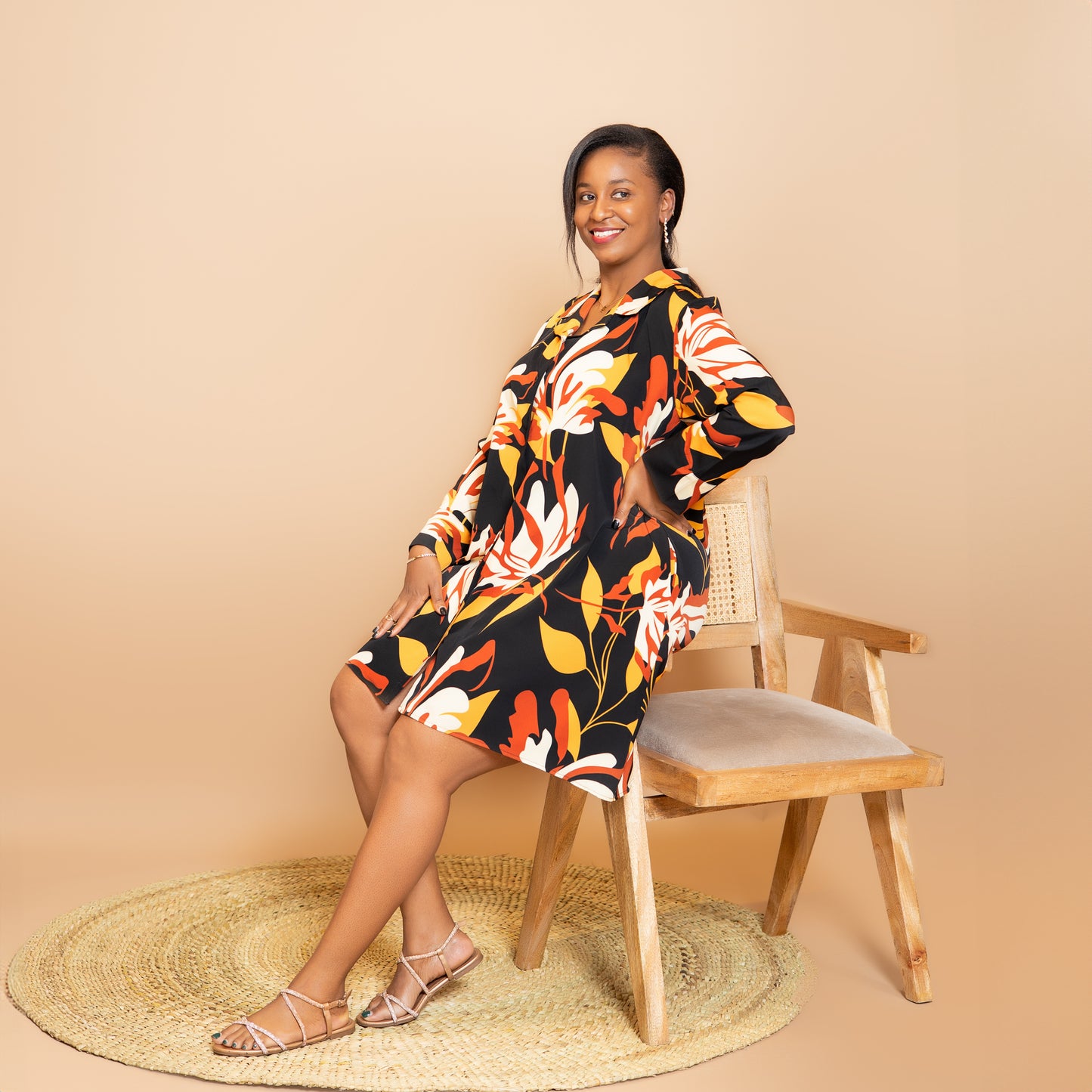 Long Sleeve High Low Shirtdress - Rust Floral