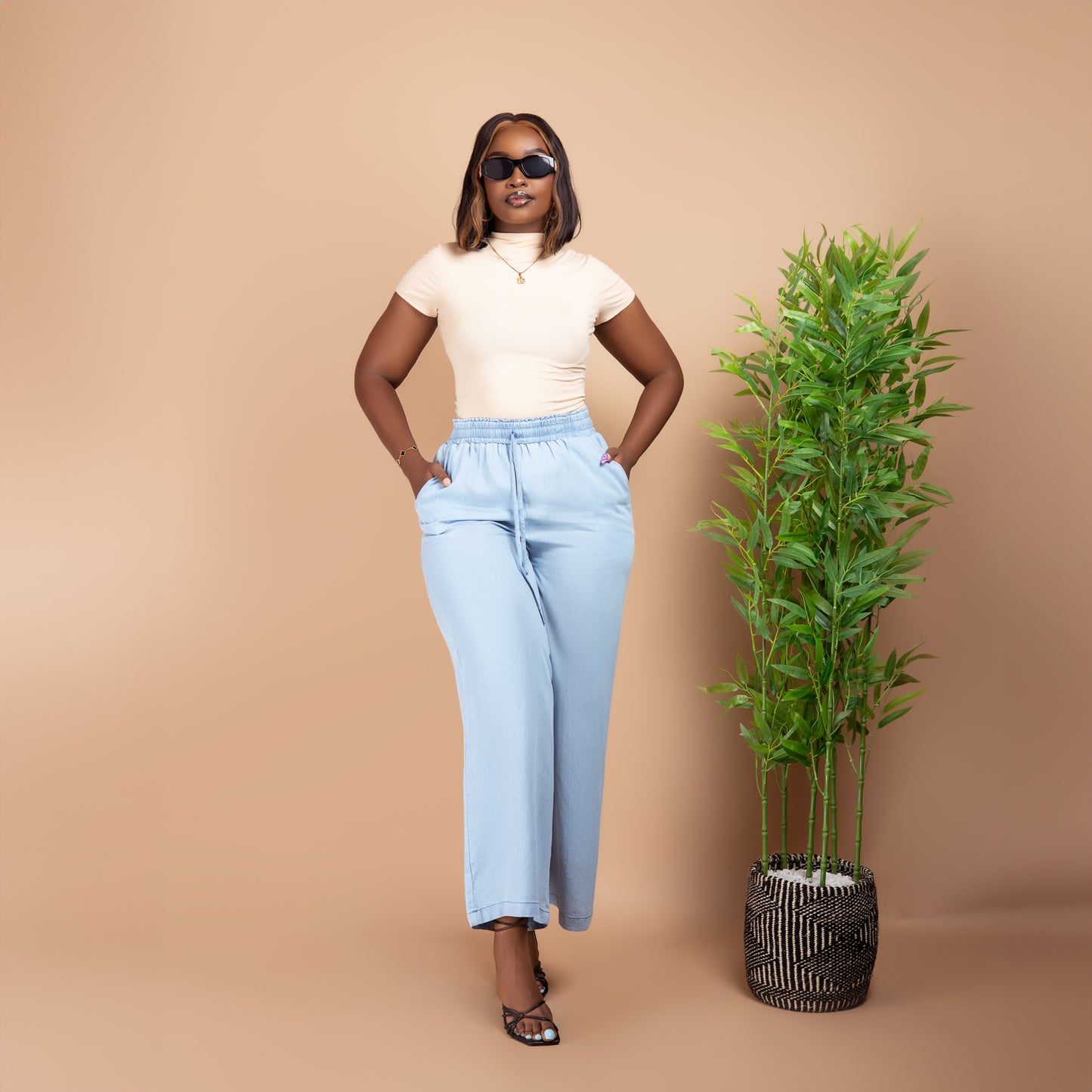 Washed Blue Wide Leg Denim Pants