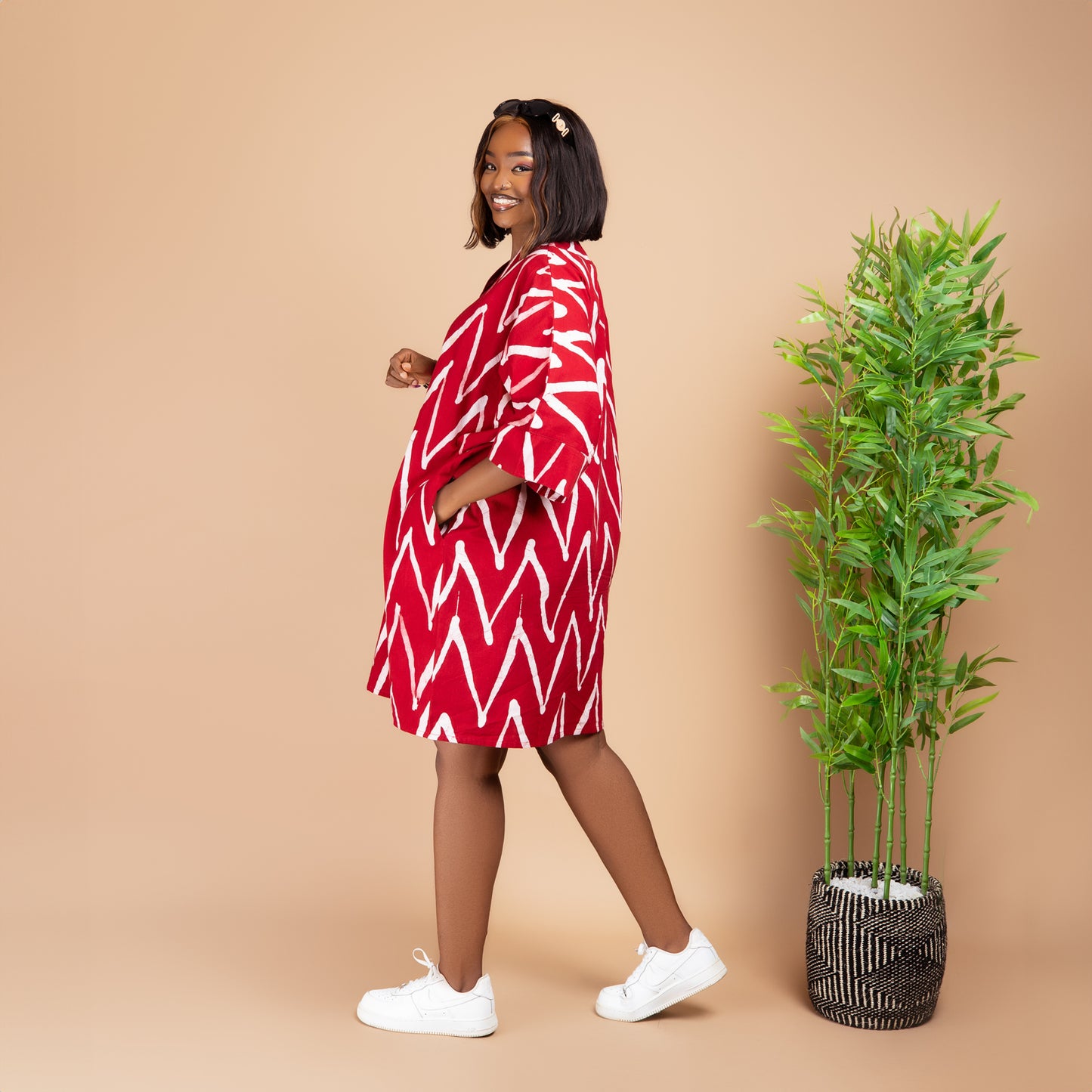 Short Kaftan - Red Zigzag Print
