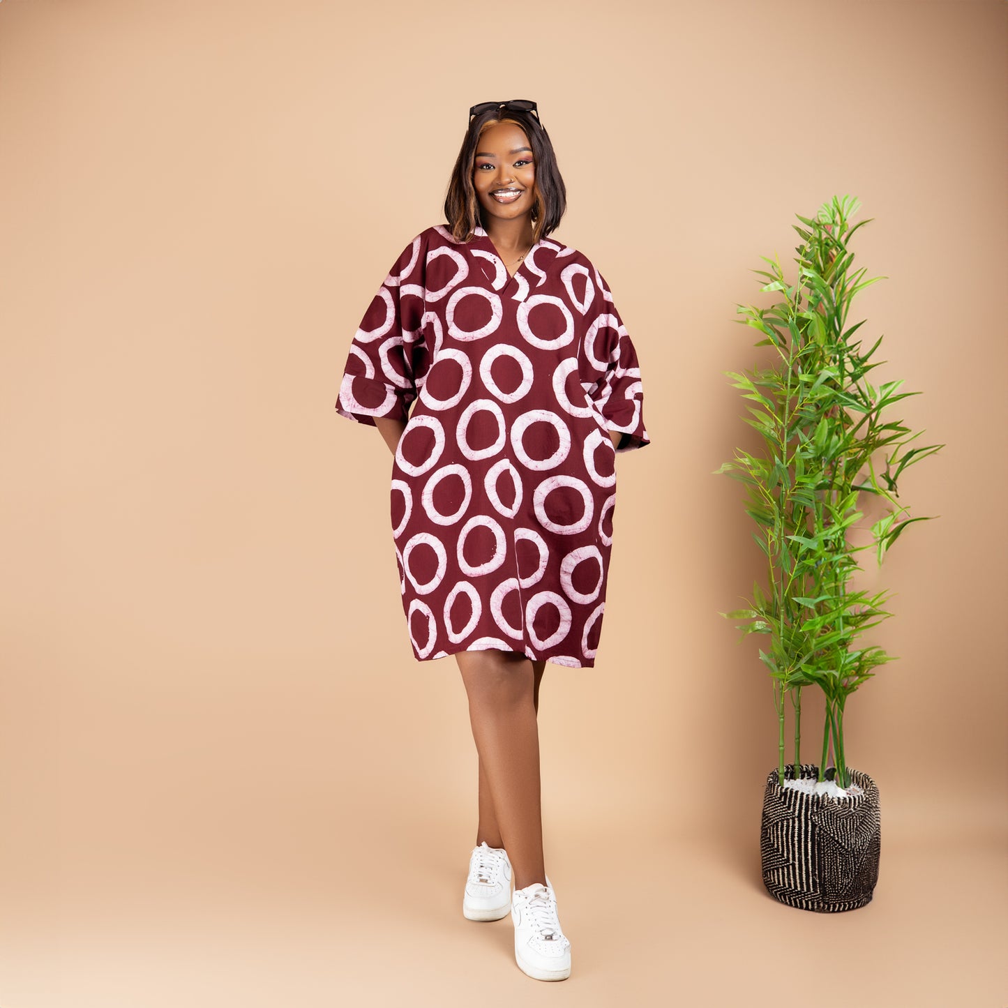 Short Kaftan - Maroon Circle Print