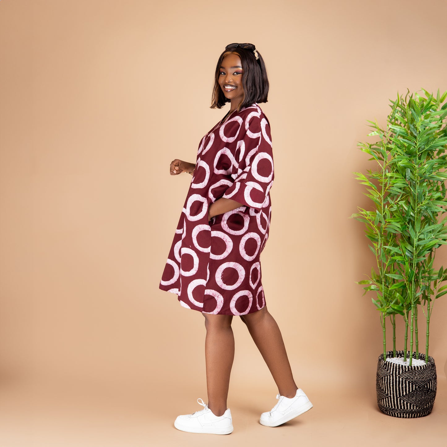 Short Kaftan - Maroon Circle Print