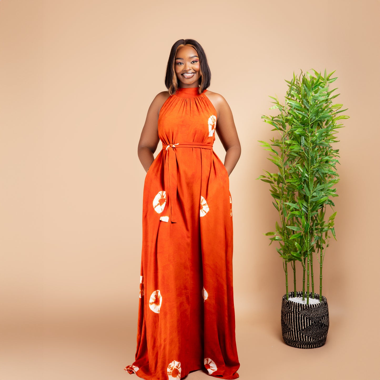 Sleeveless Halterneck Flowy Dress - Orange Tie-Dye