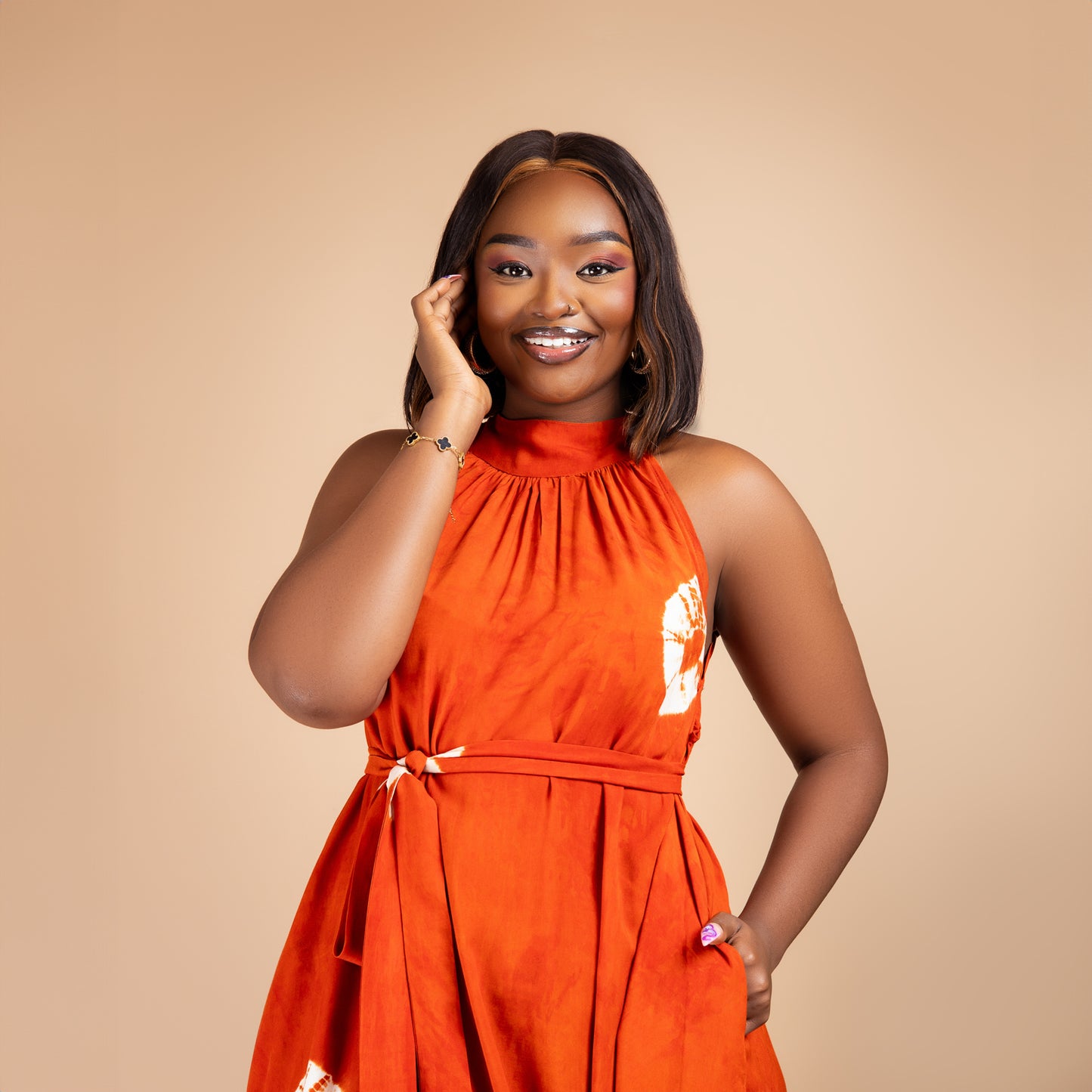 Sleeveless Halterneck Flowy Dress - Orange Tie-Dye