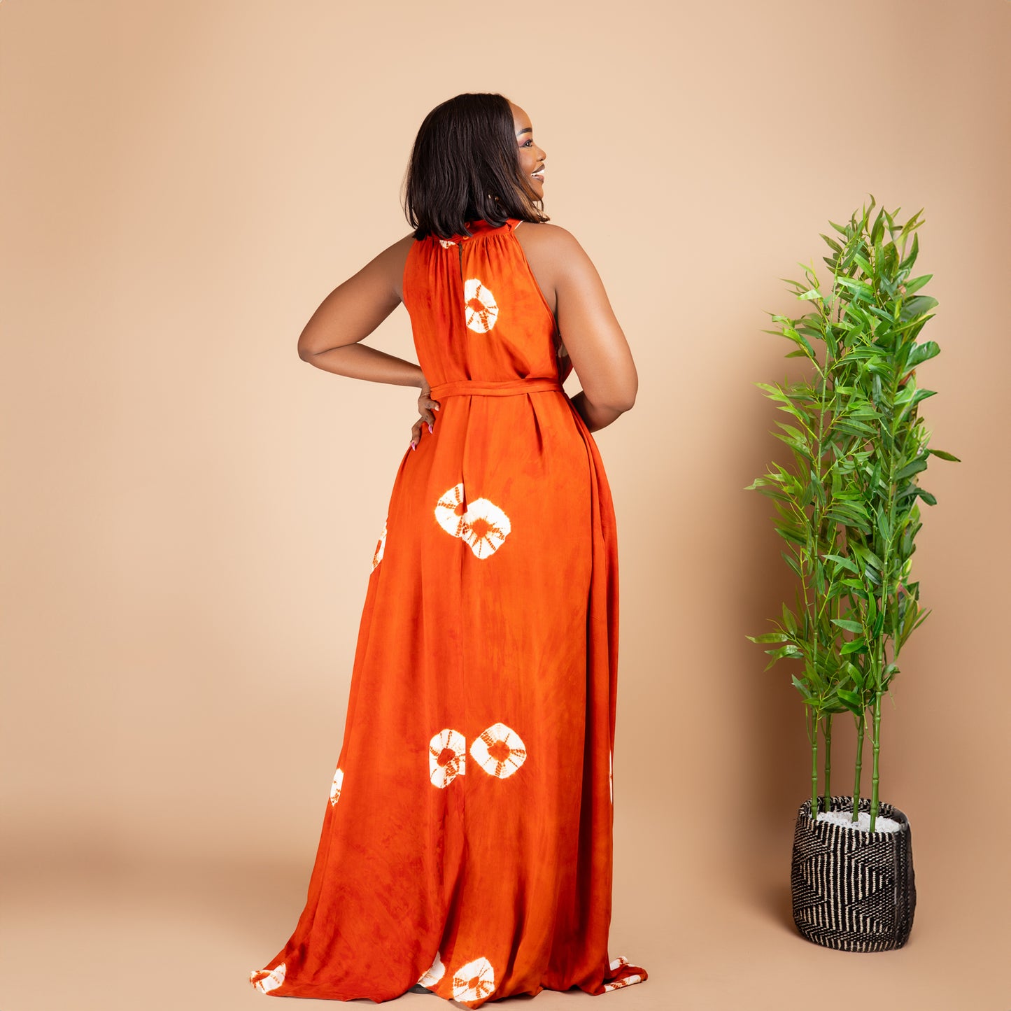 Sleeveless Halterneck Flowy Dress - Orange Tie-Dye