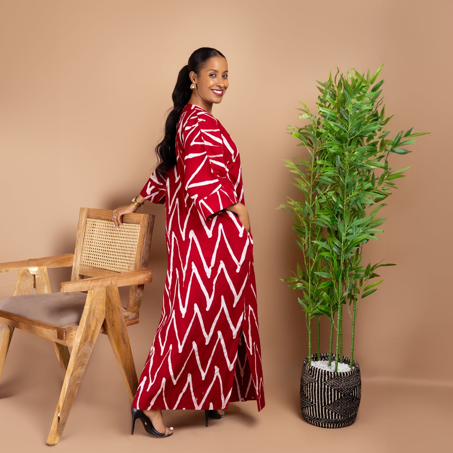 Maxi Kaftan - Red Zigzag Print