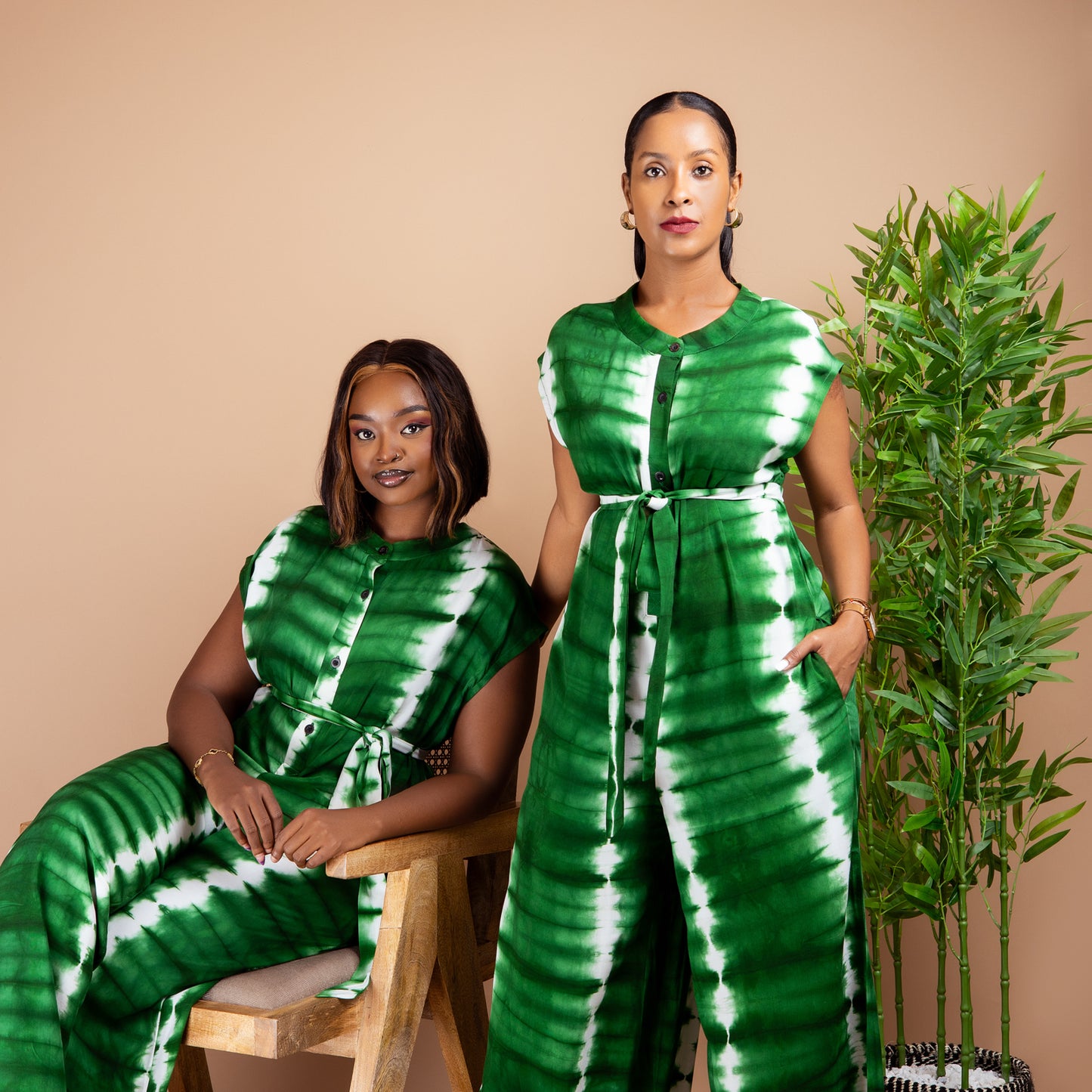 Viscose Buttoned Wide Leg Jumpsuit - Green Tie-Dye