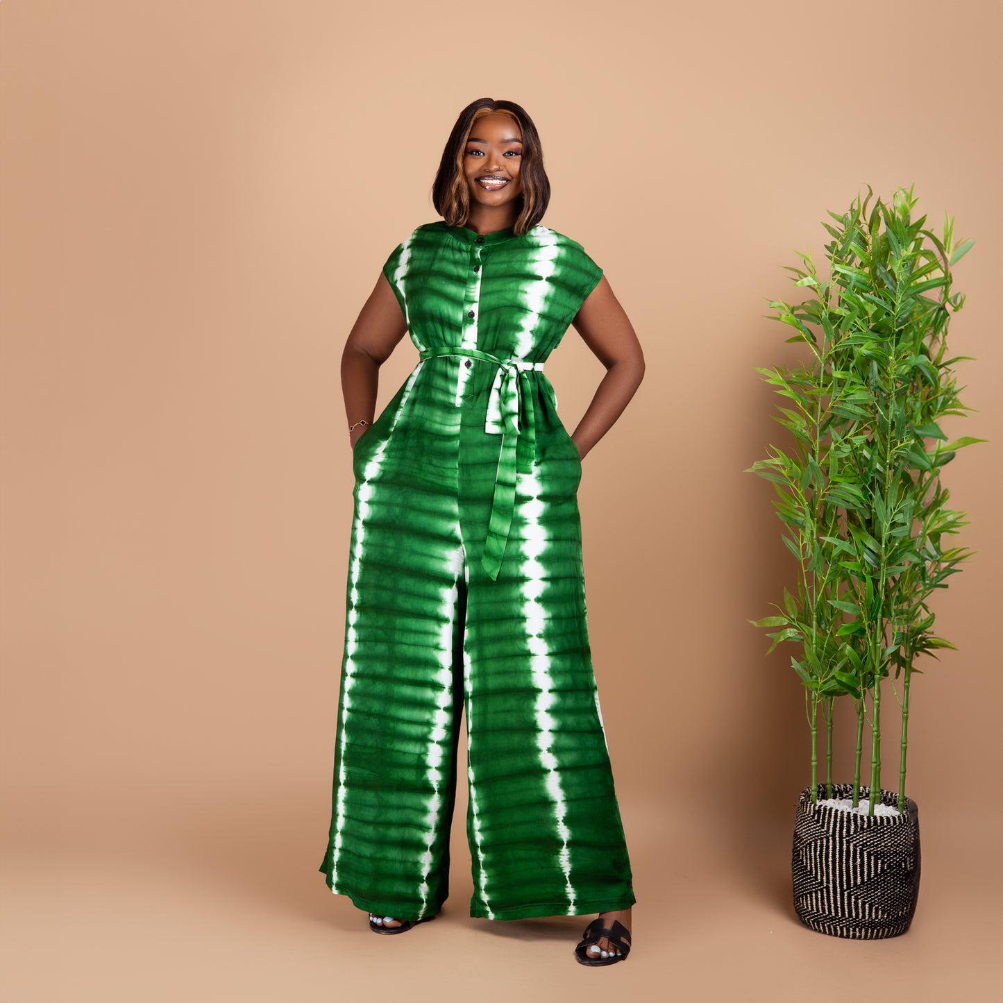 Viscose Buttoned Wide Leg Jumpsuit - Green Tie-Dye