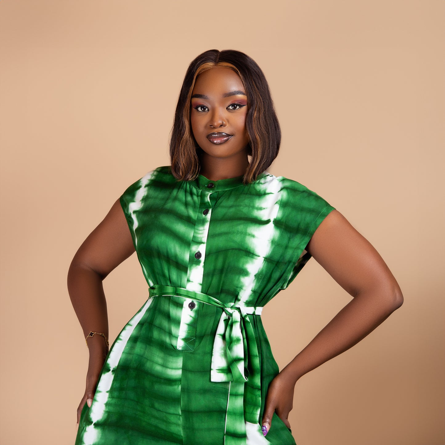 Viscose Buttoned Wide Leg Jumpsuit - Green Tie-Dye