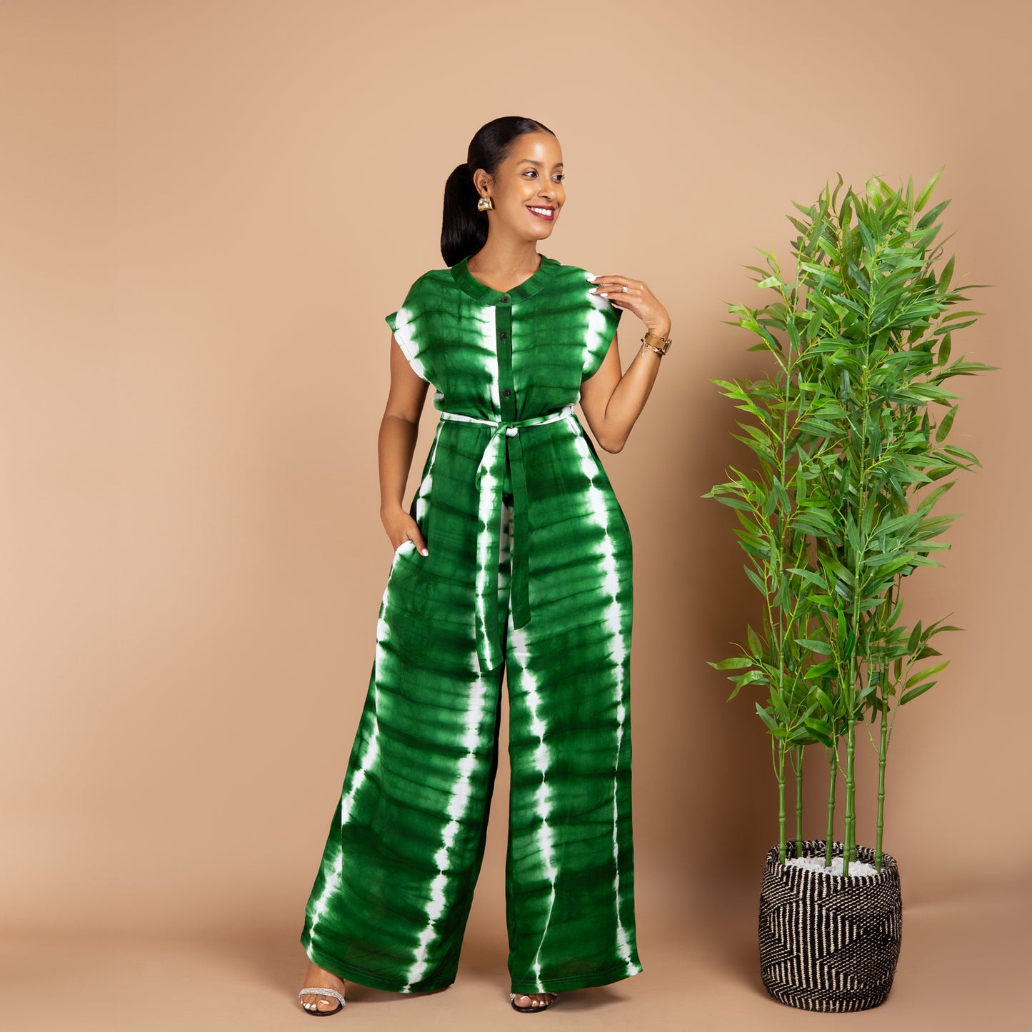 Viscose Buttoned Wide Leg Jumpsuit - Green Tie-Dye