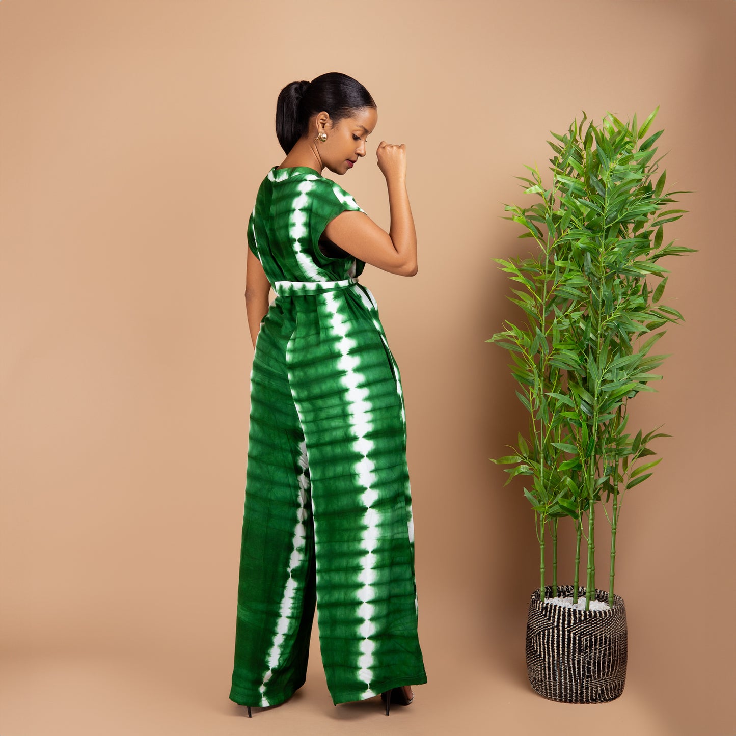 Viscose Buttoned Wide Leg Jumpsuit - Green Tie-Dye
