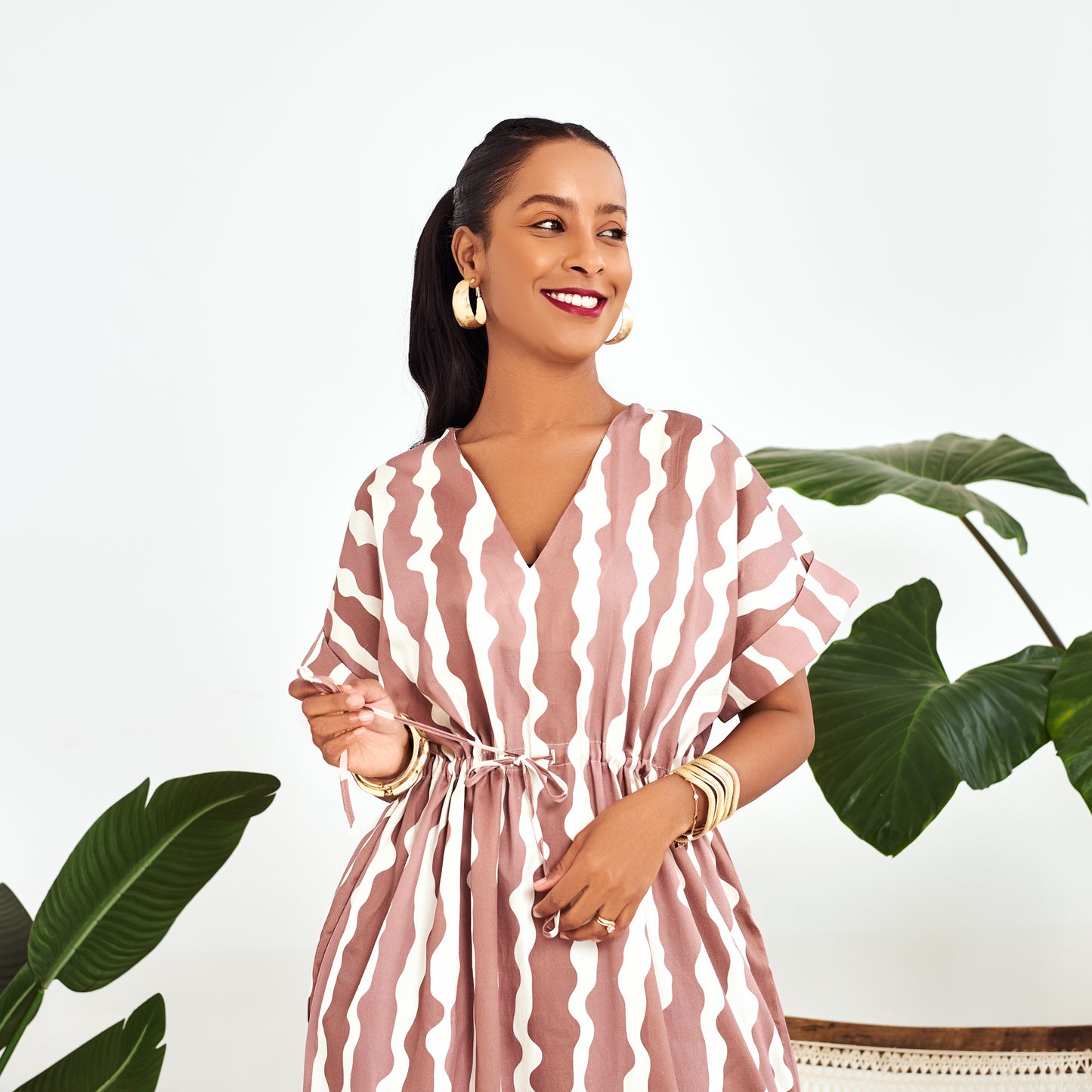 Nia Striped Drawstring Maxi Dress - Brown