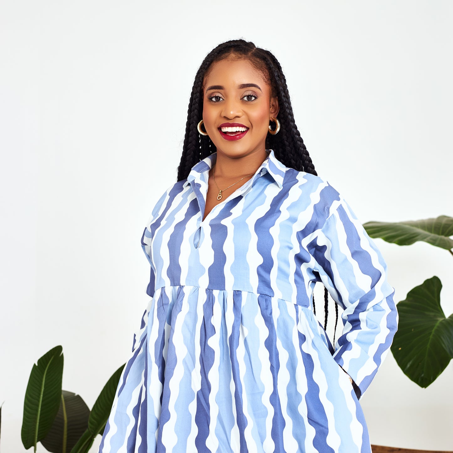 Nia Blue Striped Babydoll Shirt Dress