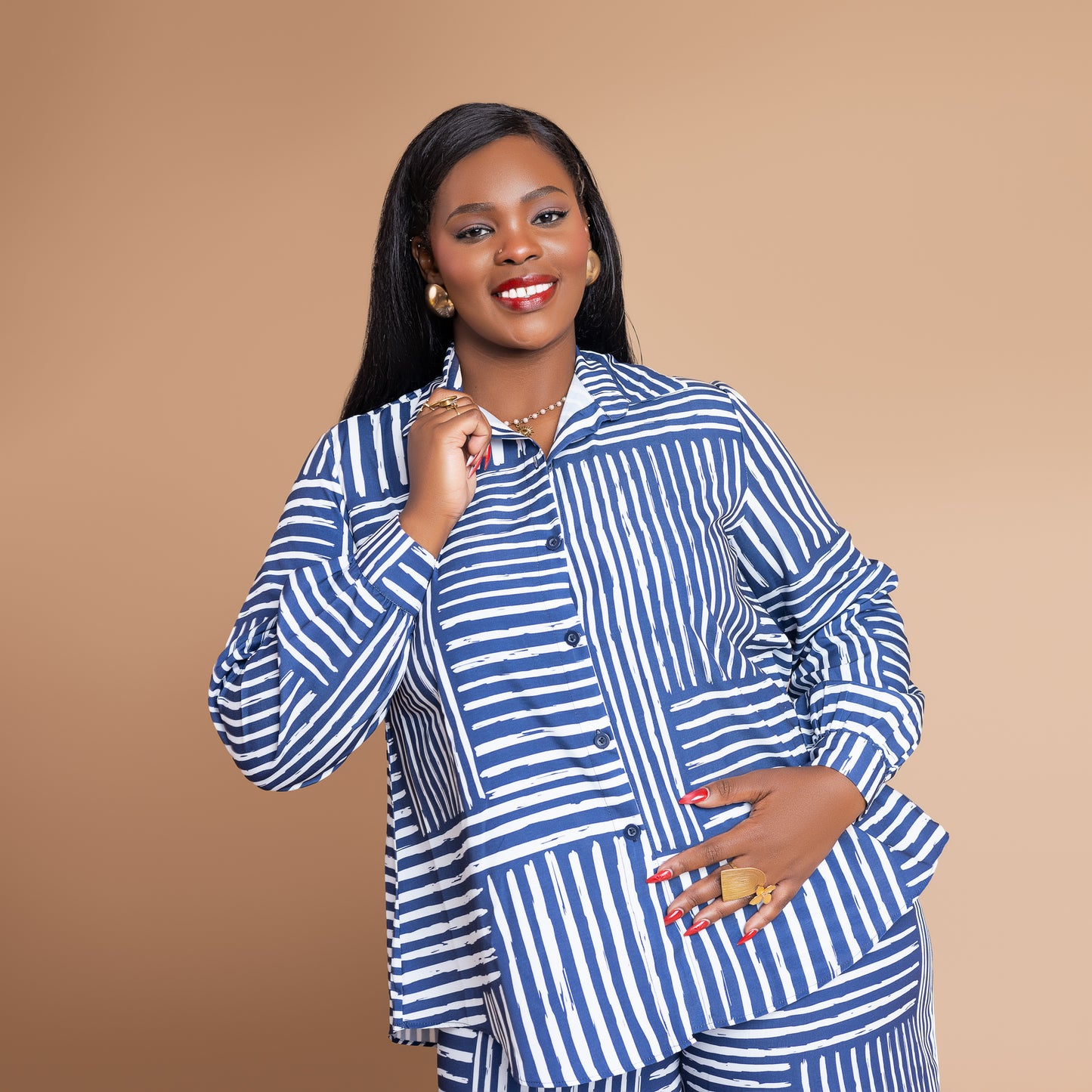 Nia Relaxed Shirt & Wide Leg Pant Set - Blue