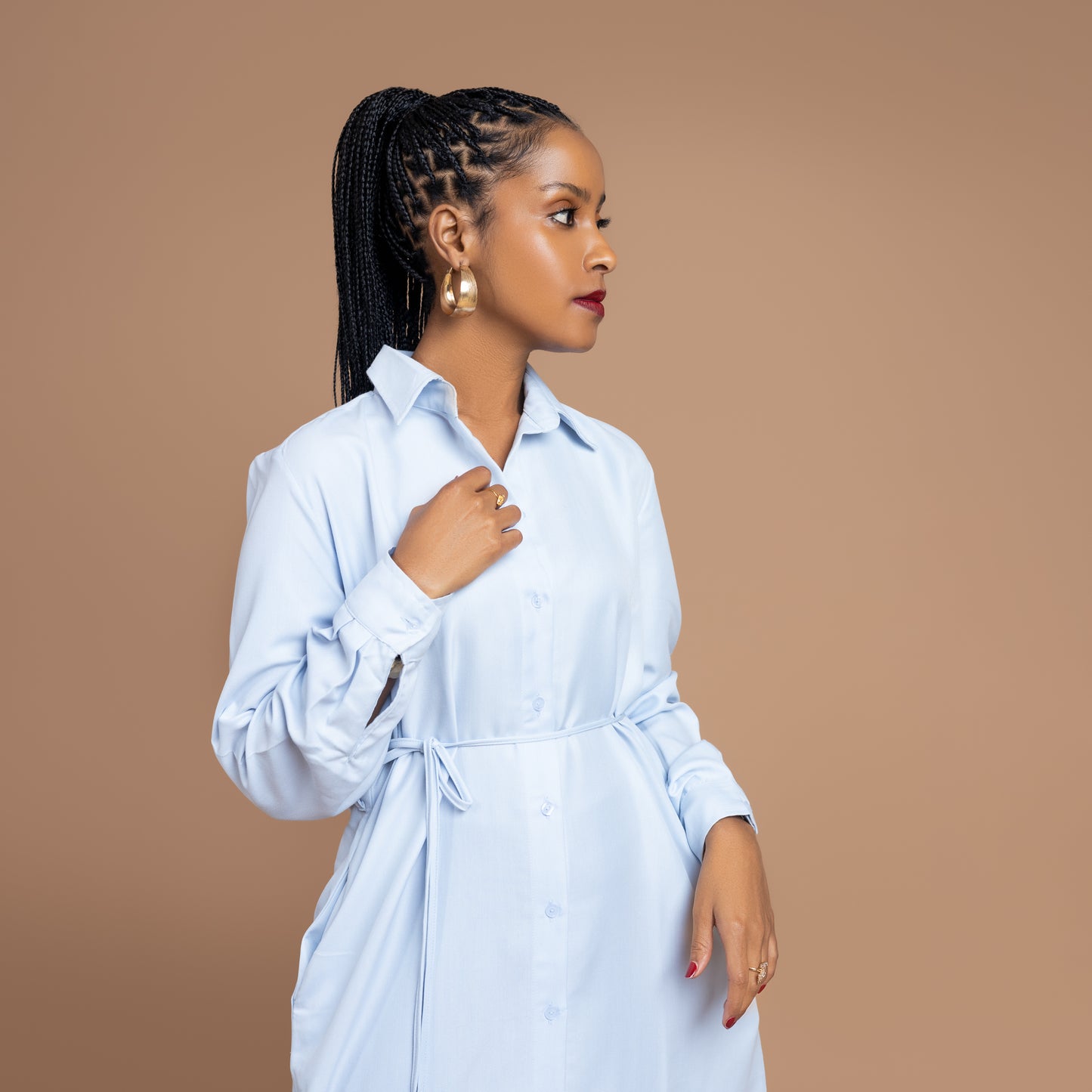 Button Down Midi-length Cotton Shirtdress - Baby Blue
