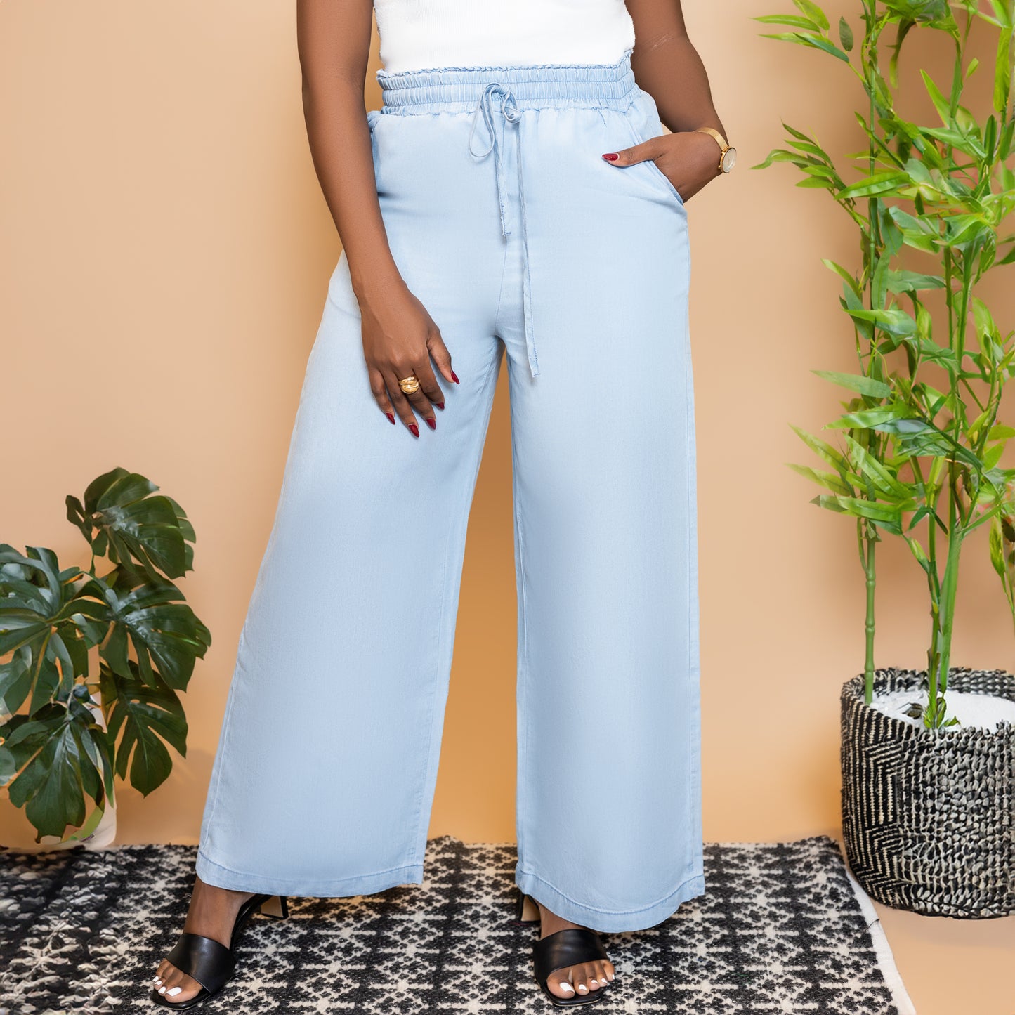 Washed Blue Wide Leg Denim Pants